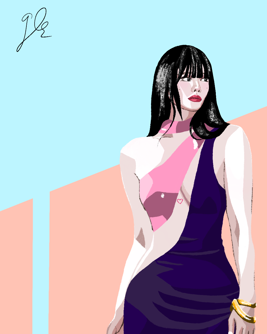Digital illustration of a woman with black hair and bangs wearing a dark blue dress, white blazer, pink top with heart design, and yellow bracelet, set against pastel-colored background.