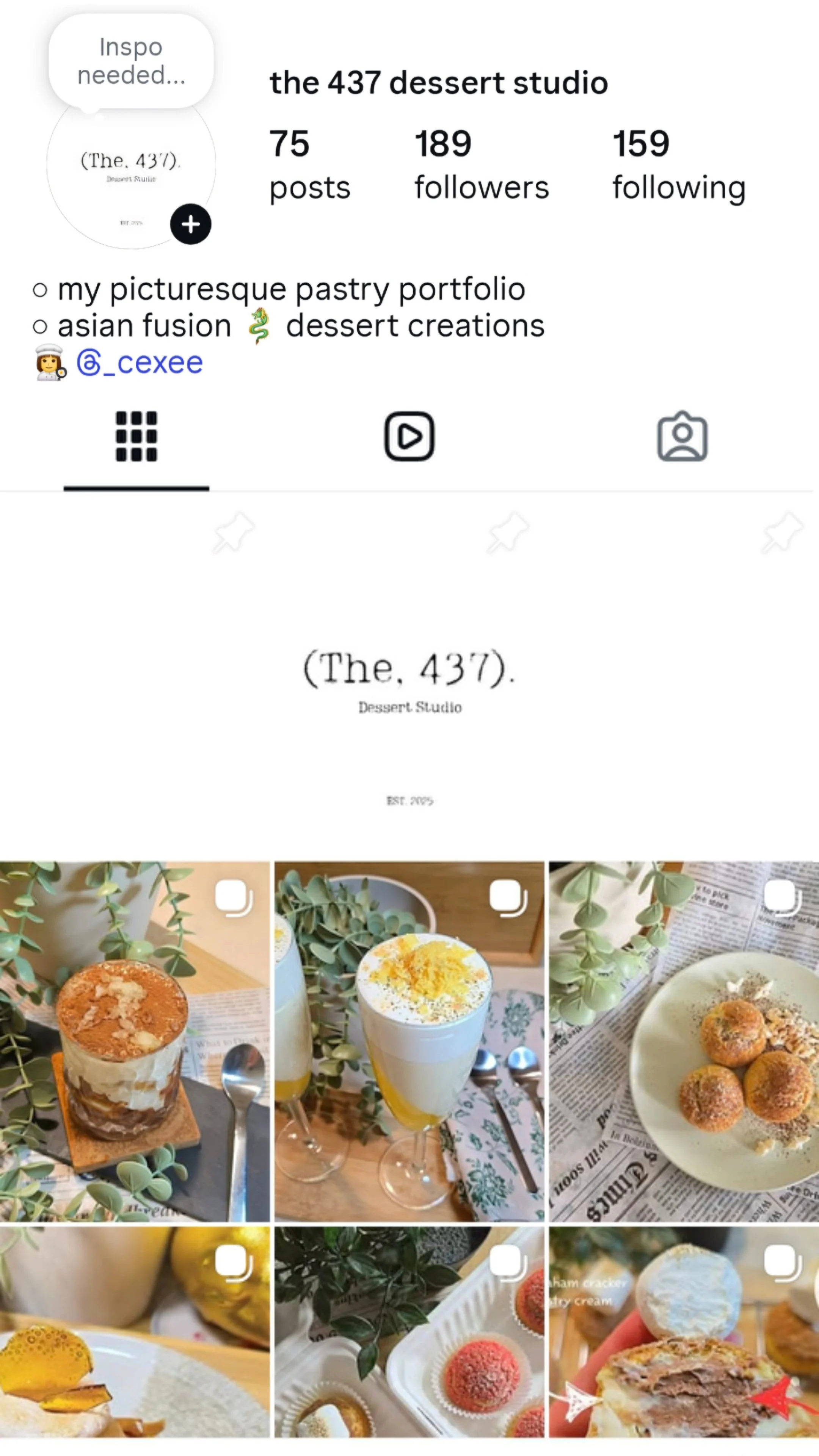 Instagram profile page for 'the 437 dessert studio' showing 75 posts, 189 followers, and 159 following, with images of various desserts like cakes, pastries, and beverages on a decorated table with greenery.