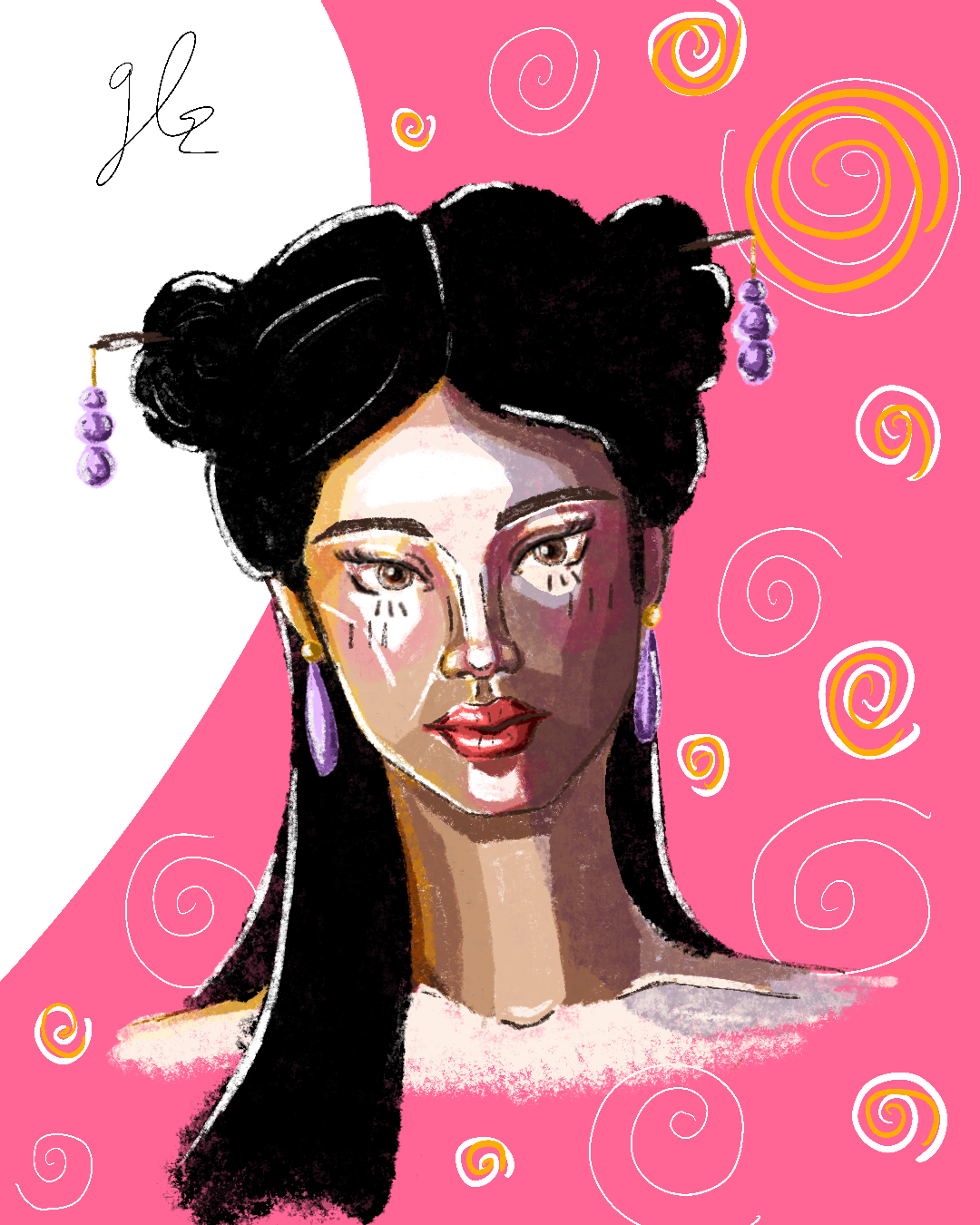 Digital artwork of a woman with dark hair styled in two buns, wearing purple earrings and makeup, set against a pink and white background with swirling patterns.