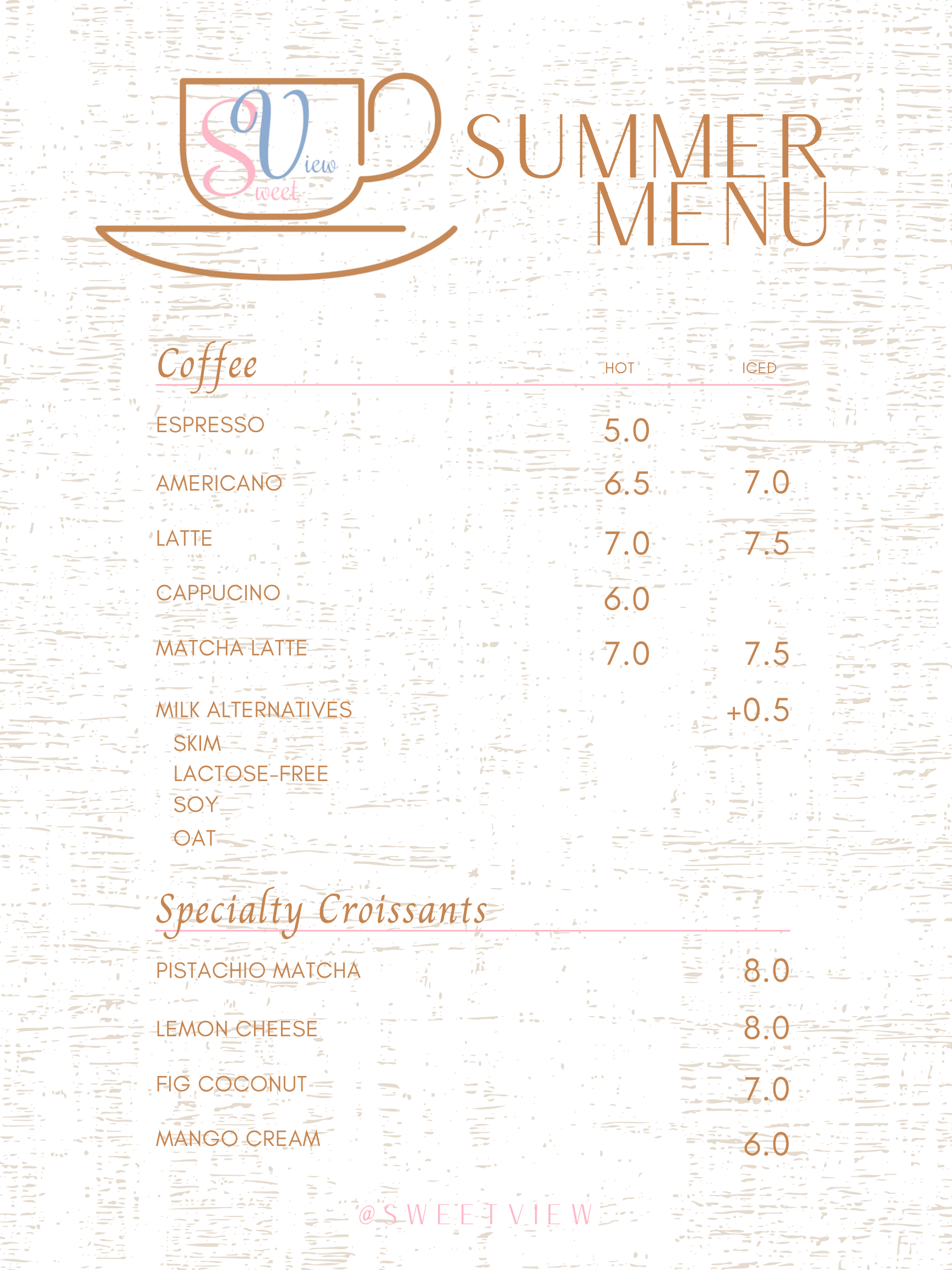 Menu for summer beverages and specialty croissants, with options for hot and iced drinks including espresso, americano, latte, cappuccino, matcha latte, milk alternatives, and various croissants such as pistachio matcha, lemon cheese, fig coconut, and mango cream.