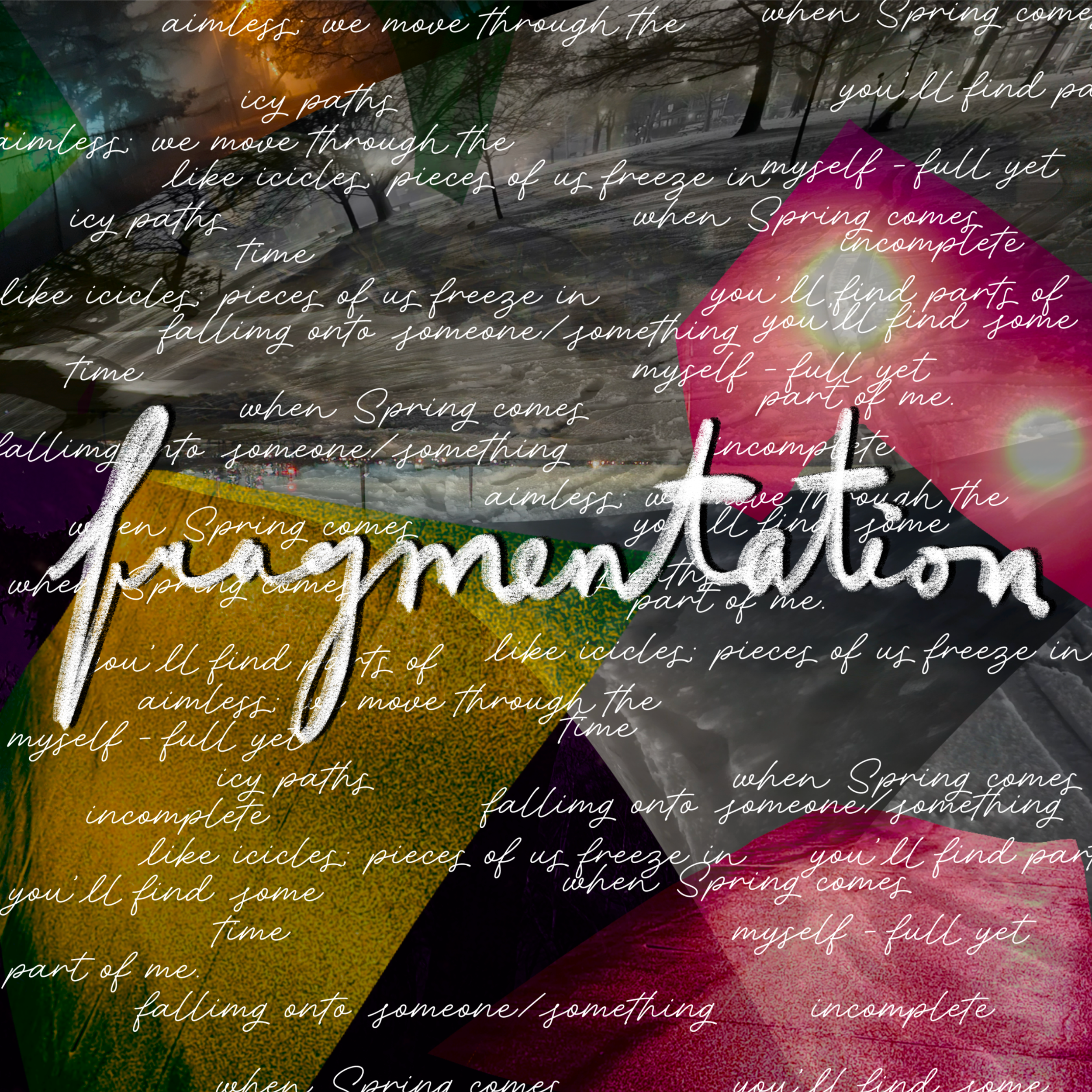 Overlaid text on a blurred winter park scene with leafless trees and streetlights, featuring a handwritten-style quote about spring and ice paths.