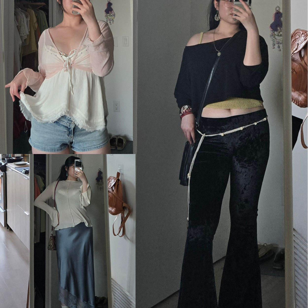 A collage of three mirror selfies, each featuring a different woman wearing fashionable outfits in a home interior. The woman on the left wears a pink and white top with blue shorts, the woman on the right wears a black off-shoulder top with black pants and a yellow-green bra strap showing, and the woman at the bottom wears a beige top with a long dark skirt.
