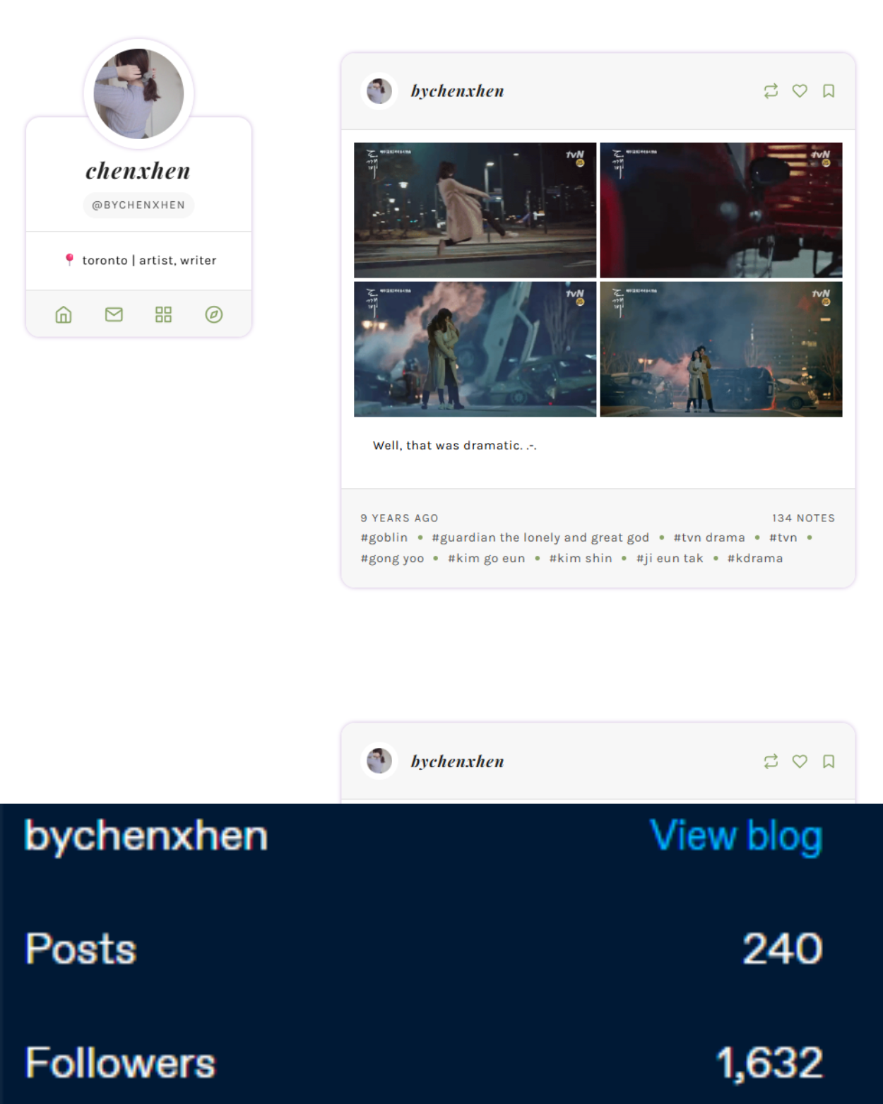 A social media profile page for user bychenxhen featuring a profile picture of a woman with dark hair, and a grid of four TV show stills from a drama with scenes set in urban locations at night and a caption: 'Well, that was dramatic...'. The page shows stats of 240 posts and 1,632 followers.