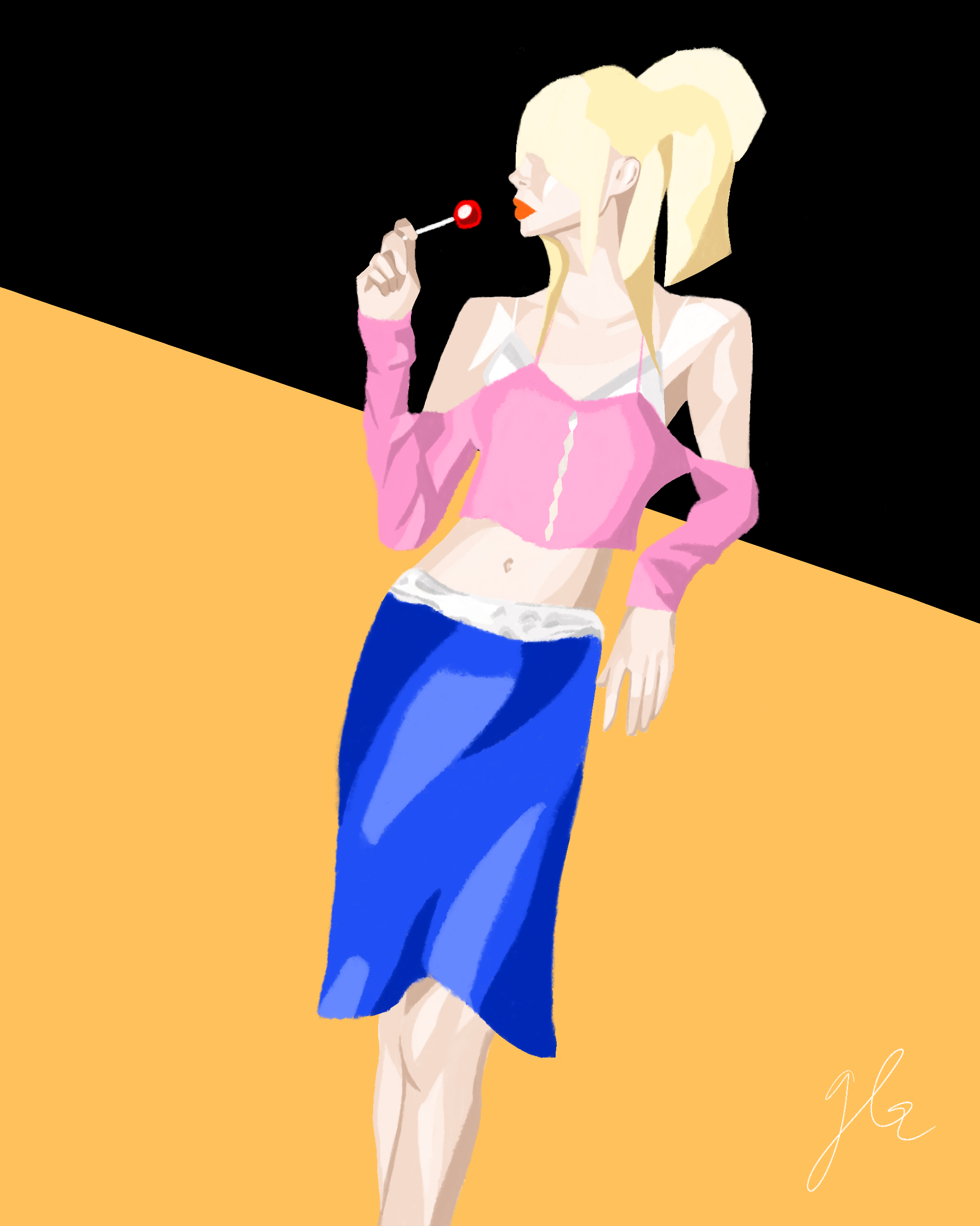 Stylized illustration of a blonde woman in a pink top, blue skirt, holding a red lollipop near her lips, against a background divided into black and yellow sections.