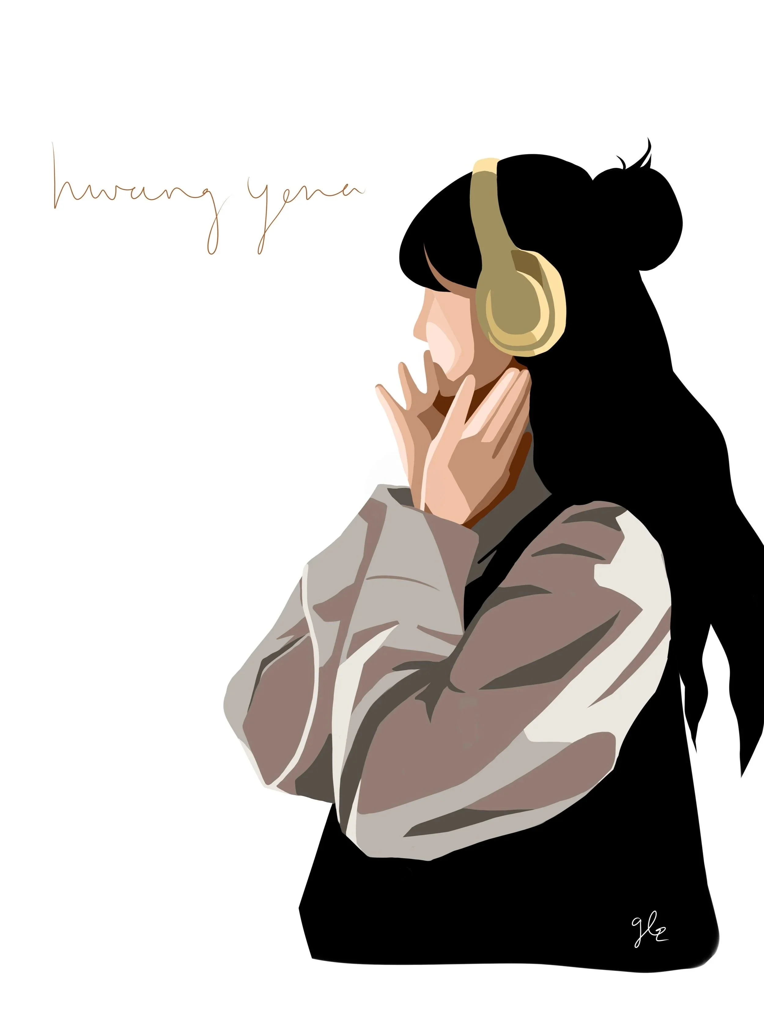 Digital illustration of a woman with long black hair wearing large beige headphones, resting her chin on her hands, with the words 'through you' written in cursive on the left side.