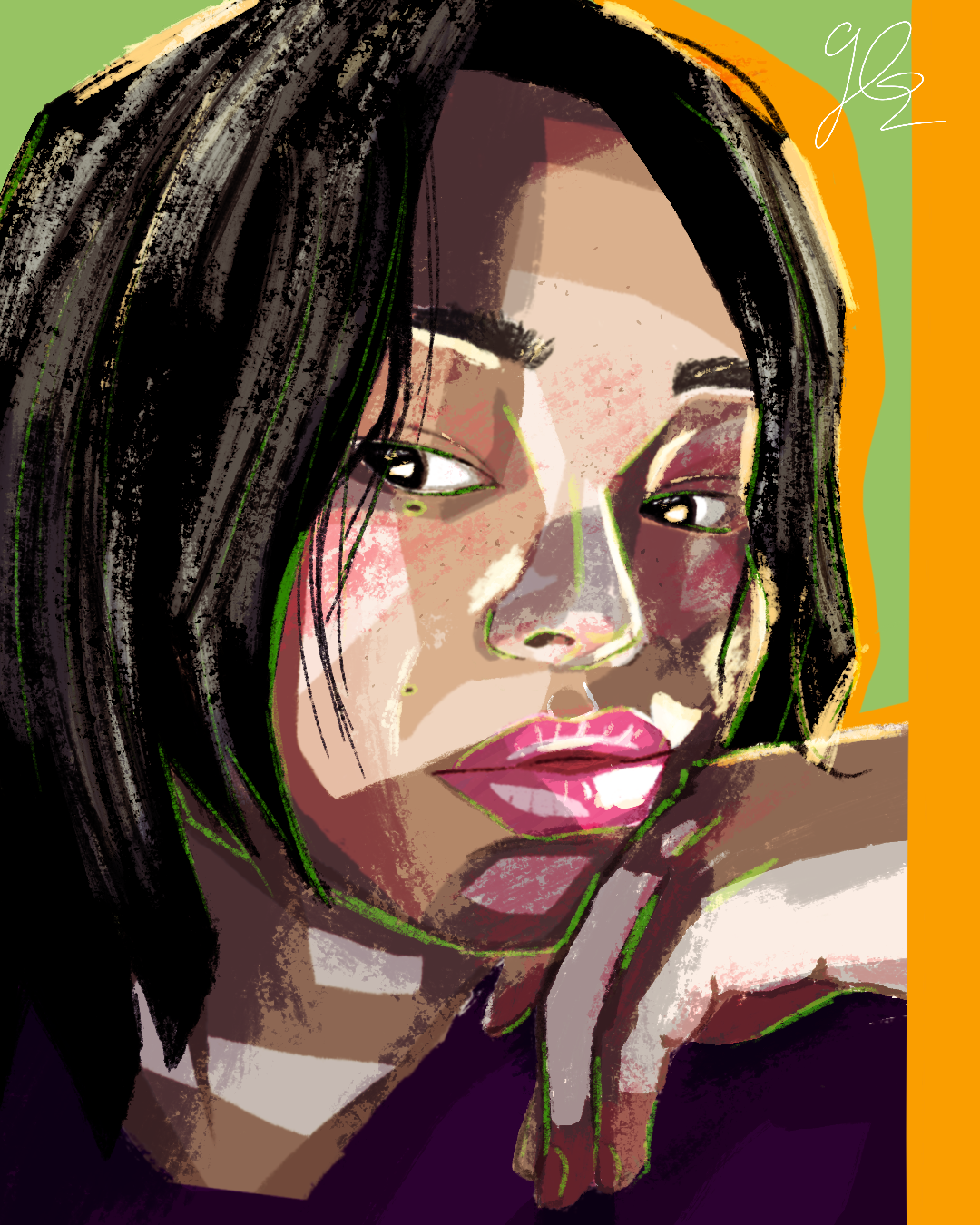 Digital portrait of a woman with dark hair, pink lips, and expressive eyes, resting her chin on her hand, with a colorful background and artistic brushstroke style.