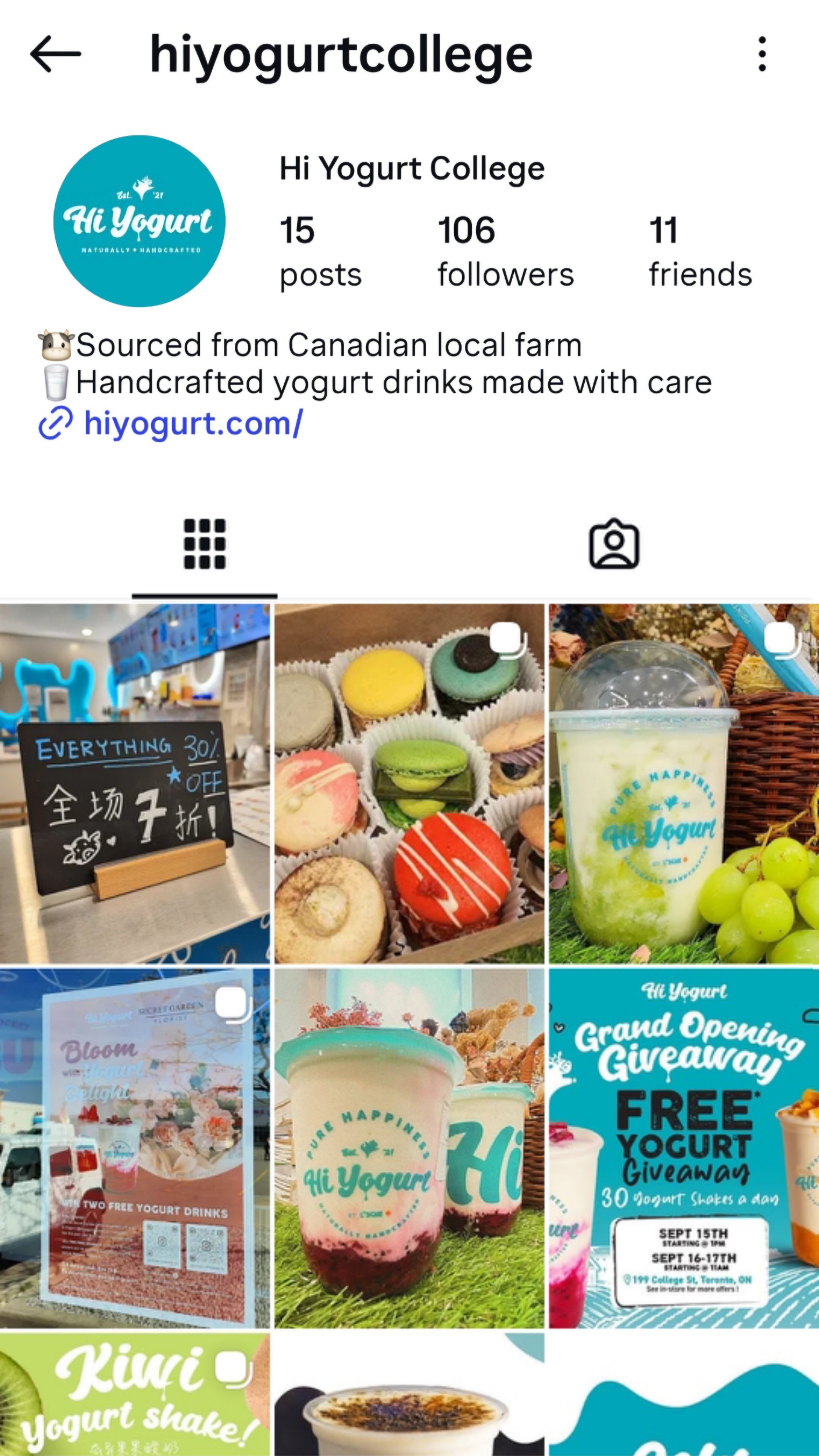 Instagram profile page for Hi Yogurt College with 15 posts, 106 followers, and 11 friends, featuring images of yogurt and desserts, a grand opening giveaway, and promotional signs.
