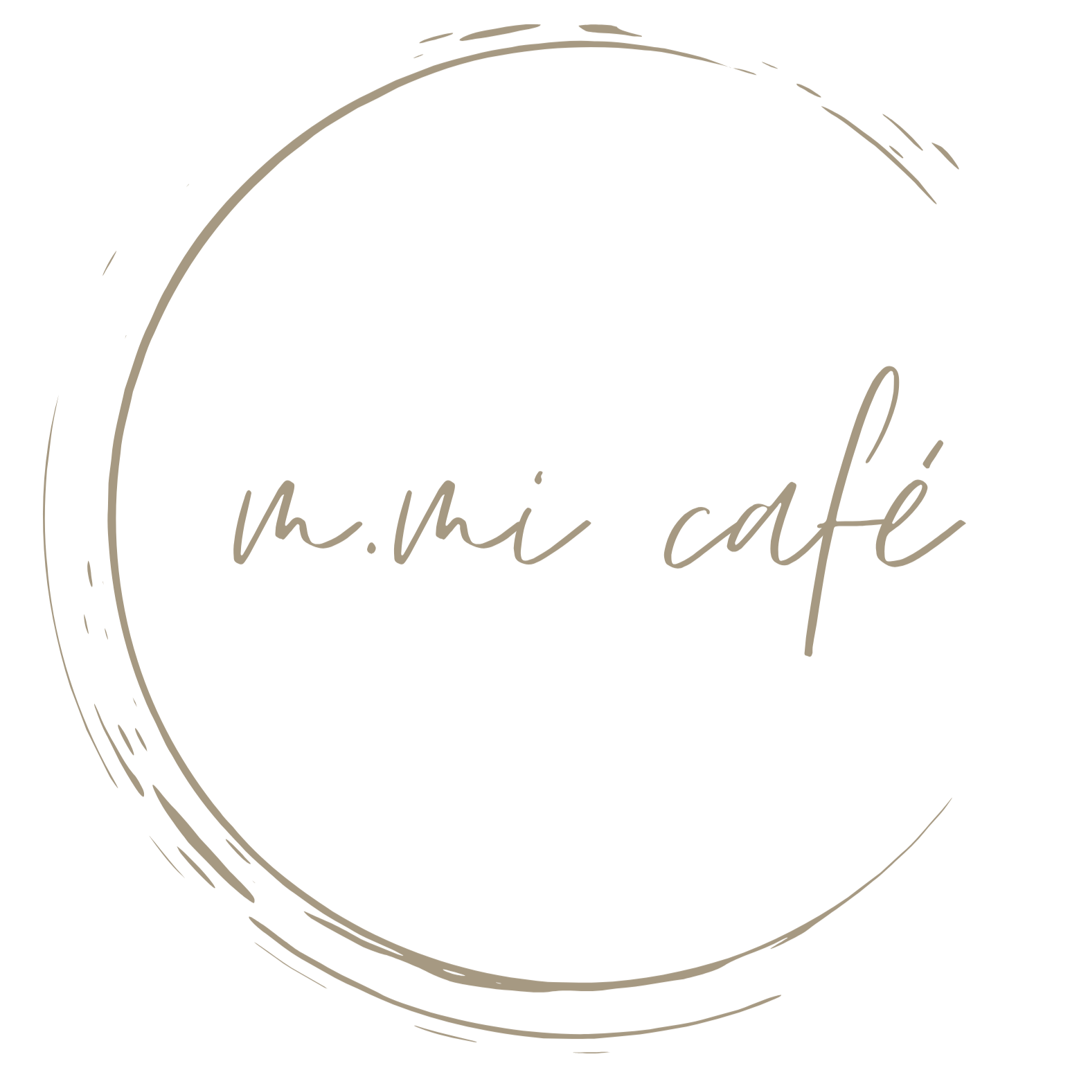 A minimalist logo for M. Mii café featuring a beige circular brushstroke surrounding the handwritten-style text 'm. mii café' in beige.