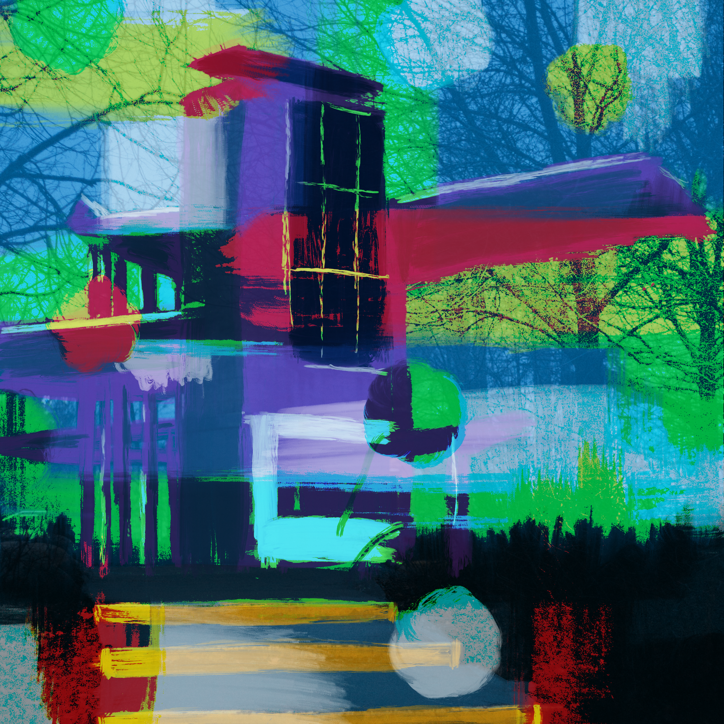 Abstract painting with layered colors including green, blue, red, yellow, purple, and black, resembling a distorted view of trees and a house.