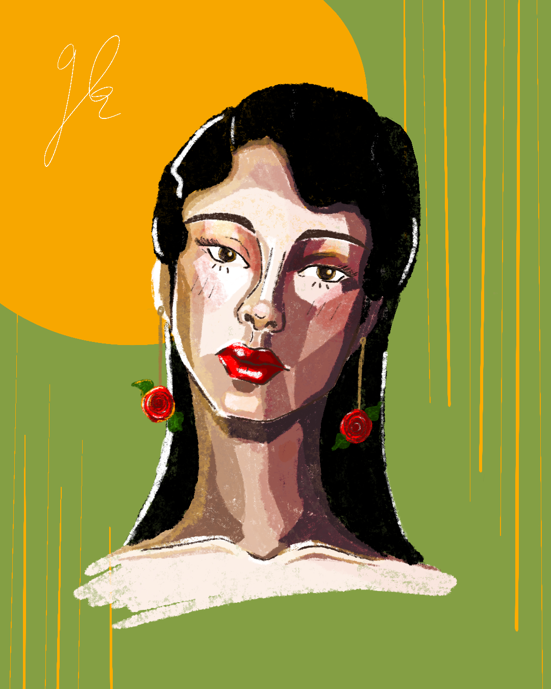 Digital illustration of a woman with long black hair, wearing red rose earrings, red lipstick, and pink eyeshadow, set against an abstract green and orange background with vertical lines and a signature.