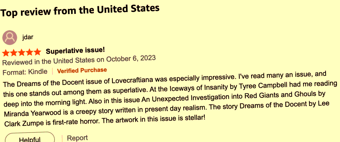 User review in yellow background about a book issue from the United States, with five red stars, user name 'jdar', and review stating it as a superlative issue, with details about the book and other related publications