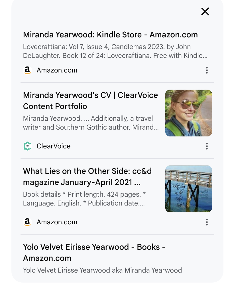 Screenshot of a search results page showing books and a CV by Miranda Yearwood from Amazon and ClearVoice