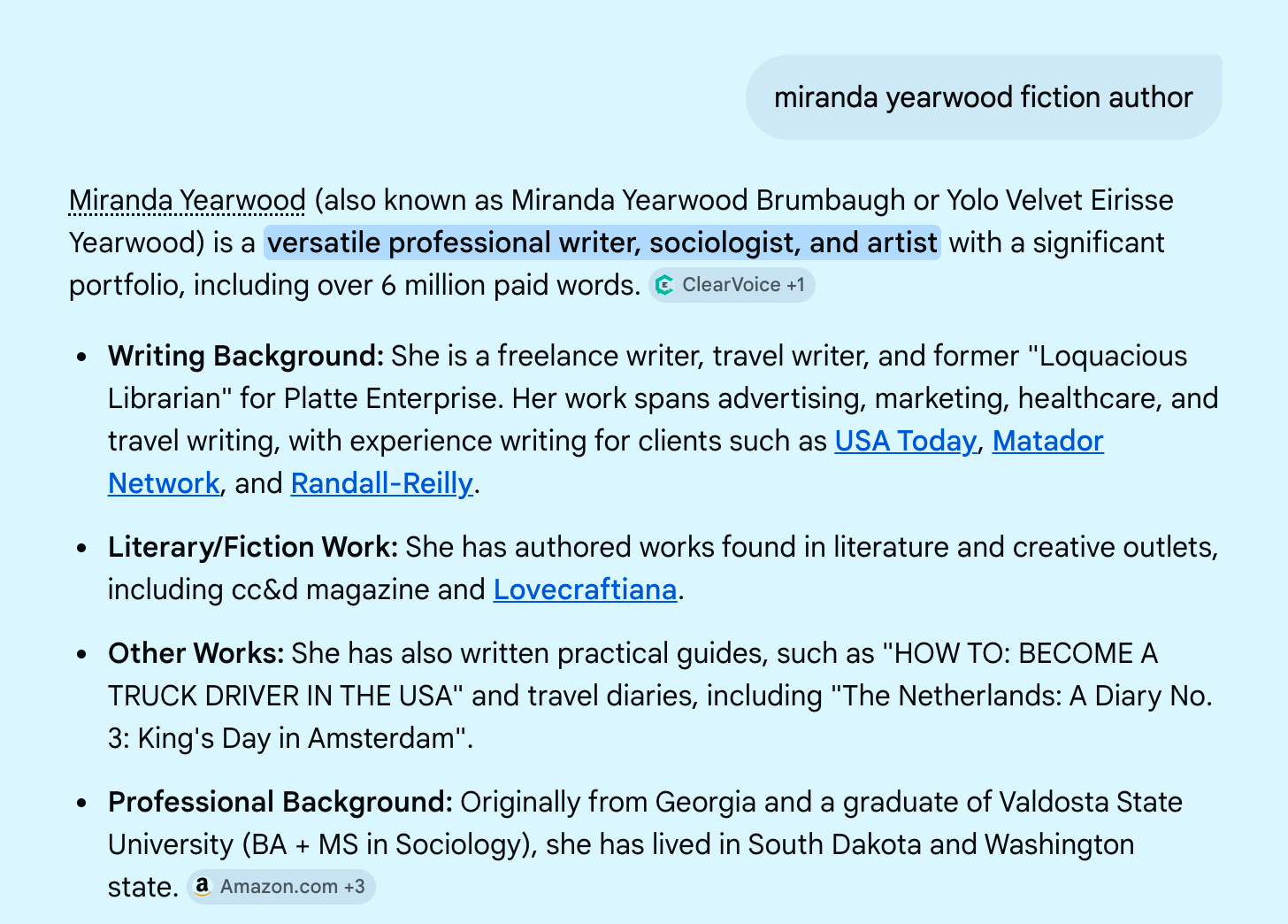 Screenshot of text describing Miranda Yearwood, a versatile professional writer, sociologist, and artist, including her writing background, literary works, other projects, and professional background