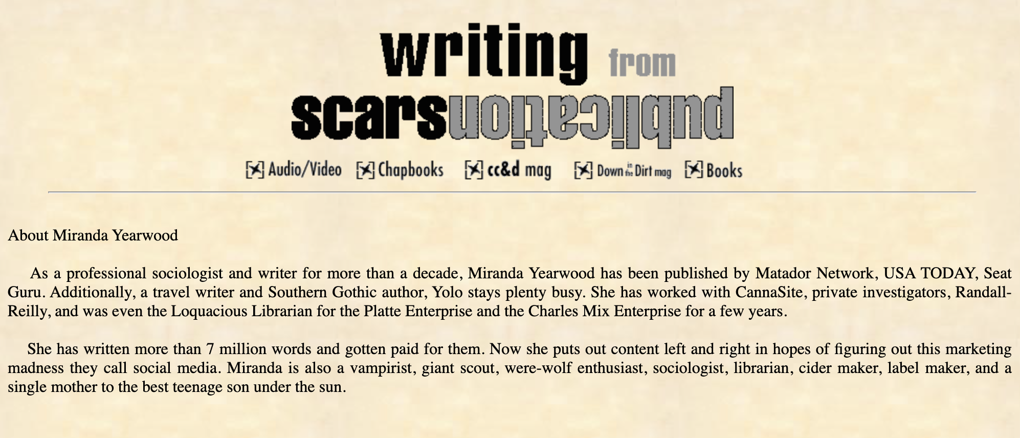 Website header with the title "Writing from Scarcity" in bold black and gray text, icons for audio/video, chapbooks, cc&d mag, dirt mag, and books, followed by a paragraph about Miranda Yearwood's biography and career achievements