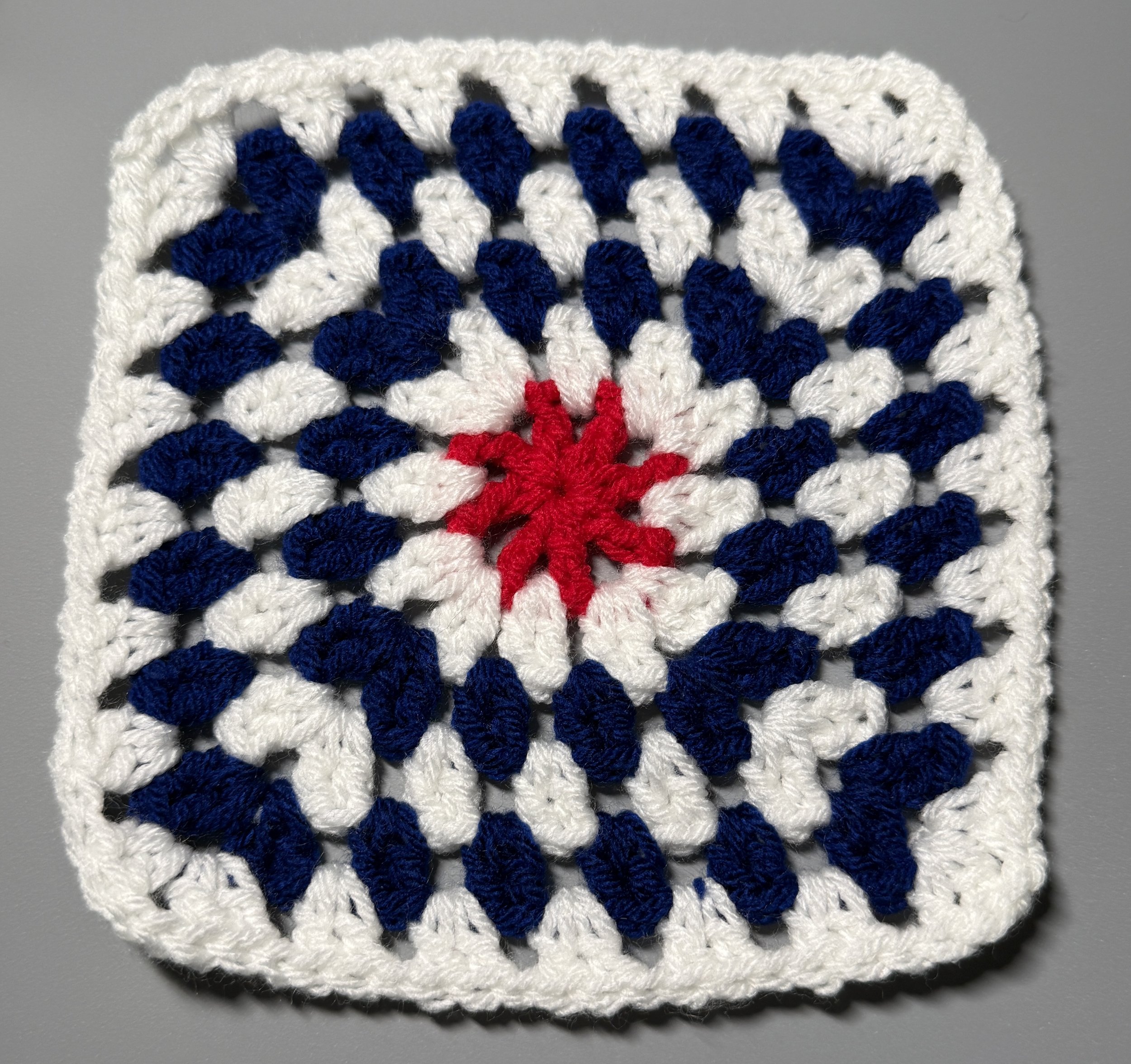 Photo: Motif #1 — completed Colors of America motif, top view