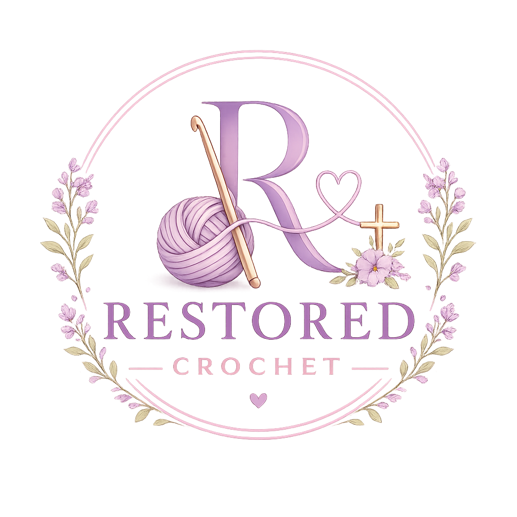 A pastel pink and lavender logo for 'Restored Crochet' with a ball of lavender yarn, a crochet hook, and decorative flowers, indicating a knitting or crochet business.