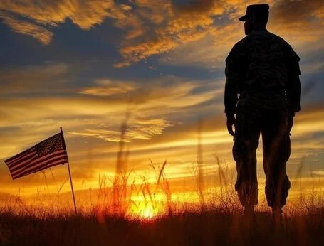 Silhouette of a soldier standing in a field during sunset, with an American flag on a pole nearby.