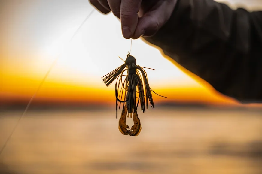 Person holding a fishing lure with a lizard hanging from it at sunset over water.