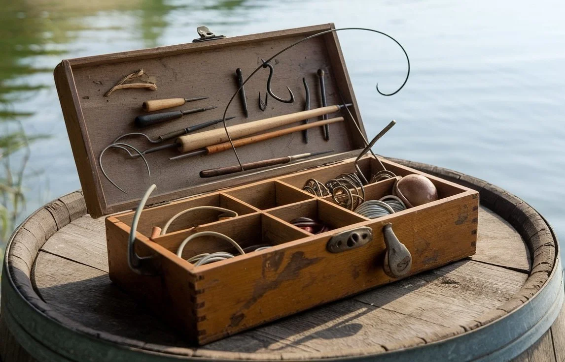 A wooden tackle box with fishing hooks, lures, and other fishing gear, resting on a wooden surface by a body of water.