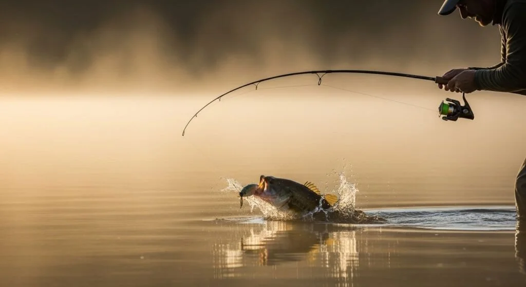 A person fishing in a lake at sunrise, reeling in a large fish that is jumping out of the water with a lure in its mouth.