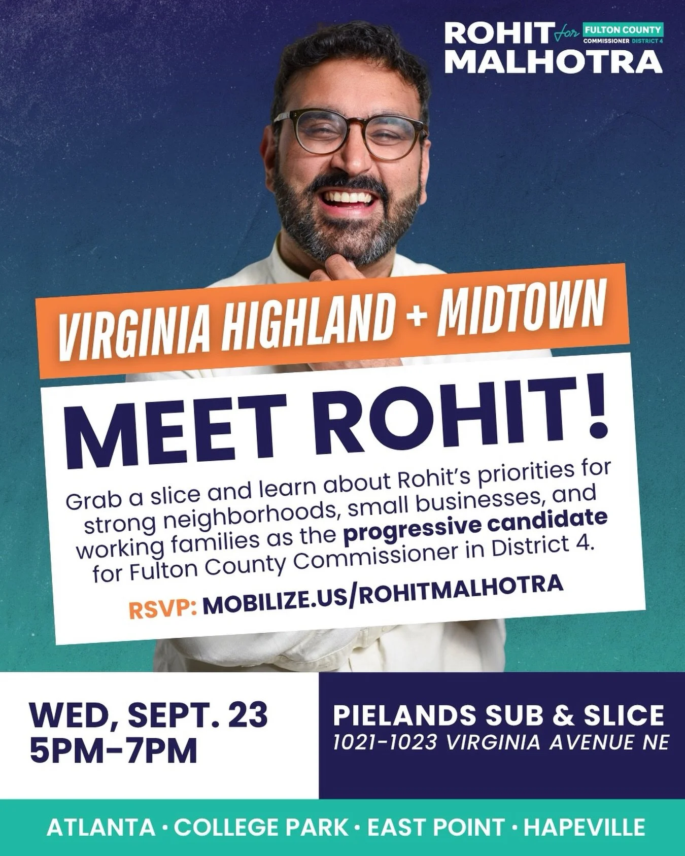 📍 VIRGINIA HIGHLAND AND MIDTOWN!

On Wednesday, September 23, at 5:00pm, we&rsquo;re throwing a pizza party happy hour with our friends @pielandspizza! It feels like a belated birthday party! Come join me for some pizza and politics. I&rsquo;m hungr