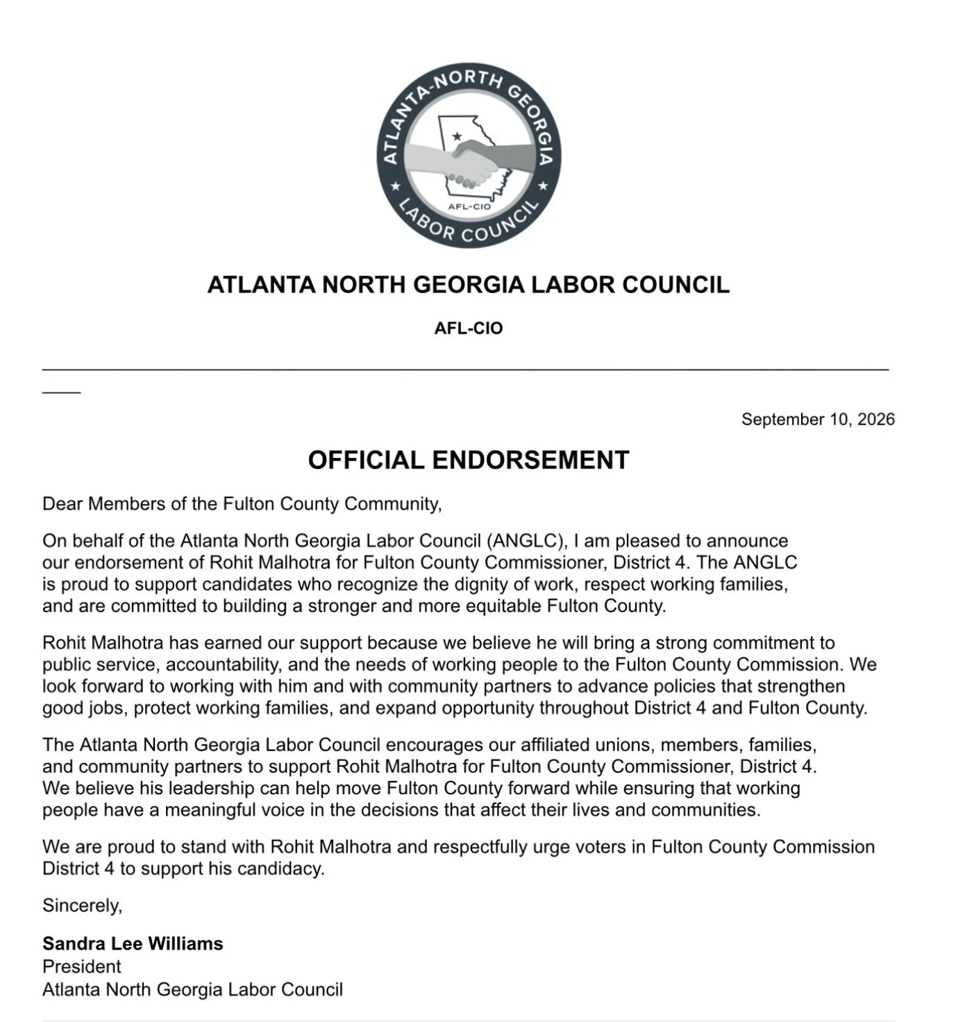 BIG NEWS: Atlanta Labor officially endorses Rohit Malhotra for Fulton County Commissioner! 🎉✊🏽

This one means a lot. We are indebted to labor for their generations of fight and sacrifice. I am so proud to stand alongside a coalition of workers and