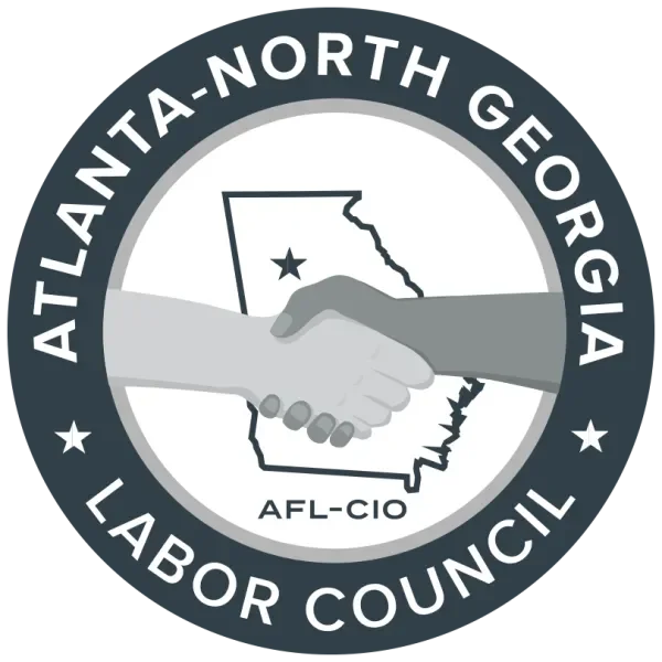 A circular logo for the Atlanta-North Georgia Labor Council AFL-CIO, featuring a handshake over a map of Georgia with a star indicating a location.
