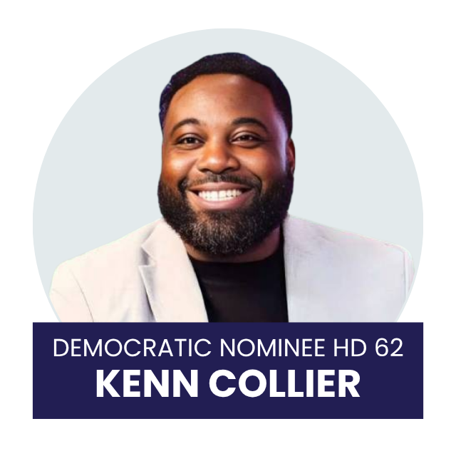 Portrait of Kenn Collier smiling, wearing a light-colored blazer over a black shirt, with a solid light background and a dark blue banner at the bottom displaying his name and a label indicating a Democratic nominee.