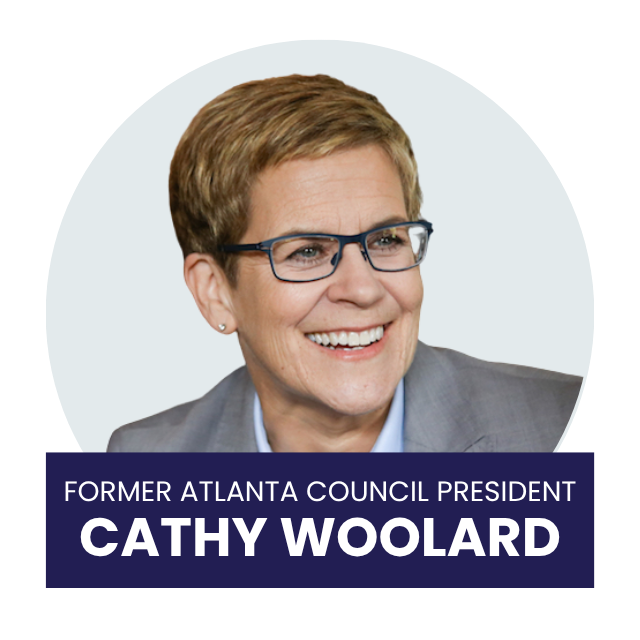 Photo of a smiling woman with short hair and glasses, wearing a gray blazer. Text overlay reads "Former Atlanta Council President Cathy Woolard."