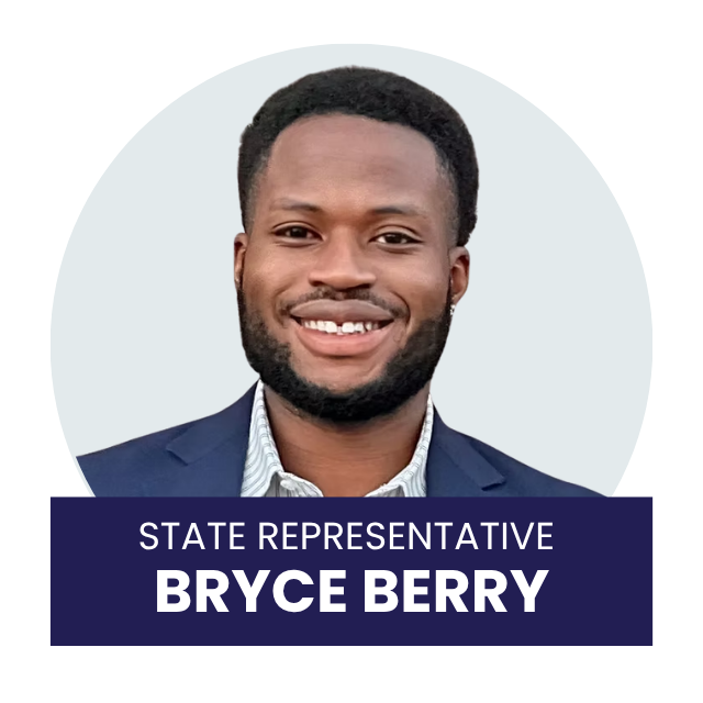 Portrait of a smiling Black man in a suit, with text indicating he is a state representative named Bryce Berry.