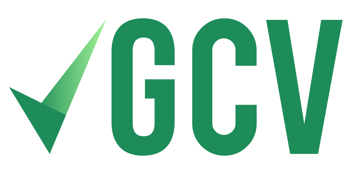 Green checkmark followed by the letters 'GCV' in bold green font.