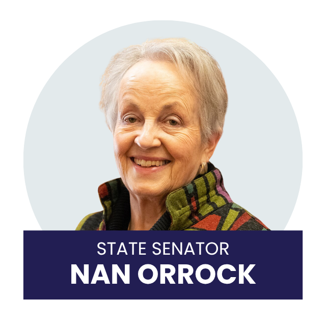A smiling elderly woman with short gray hair wearing a multicolored patterned jacket against a light background. Text overlay reads 'STATE SENATOR NAN ORROCK'.