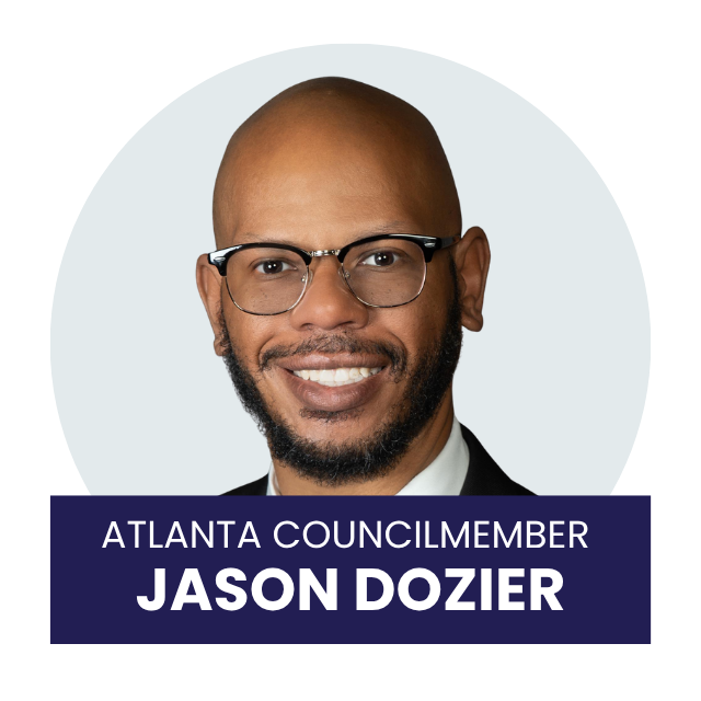 Headshot of Jason Dozier, an Atlanta council member, smiling, wearing glasses and a suit, with a badge or label at the bottom indicating his name and title.