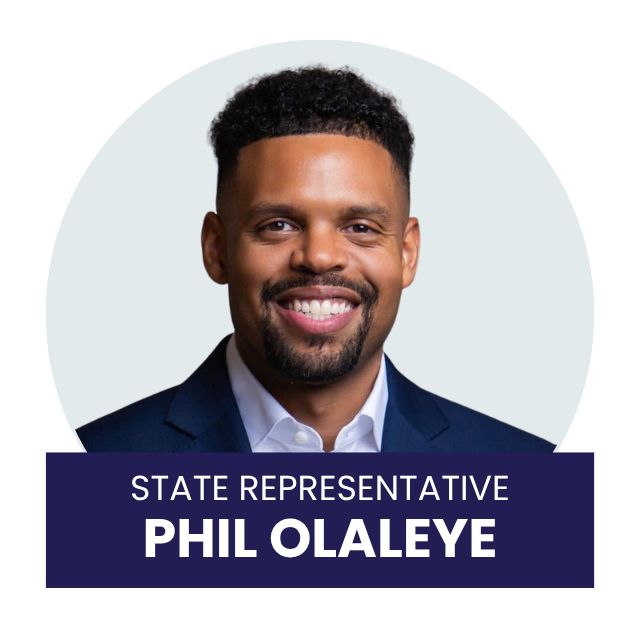A smiling man in a suit with text indicating he is a state representative named Phil Olaleye.