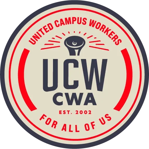 A circular logo with red and black text on a beige background. It reads 'United Campus Workers,' 'UCW CWA,' 'Est. 2002,' and 'For All of Us,' featuring a stylized raised fist with rays around it.