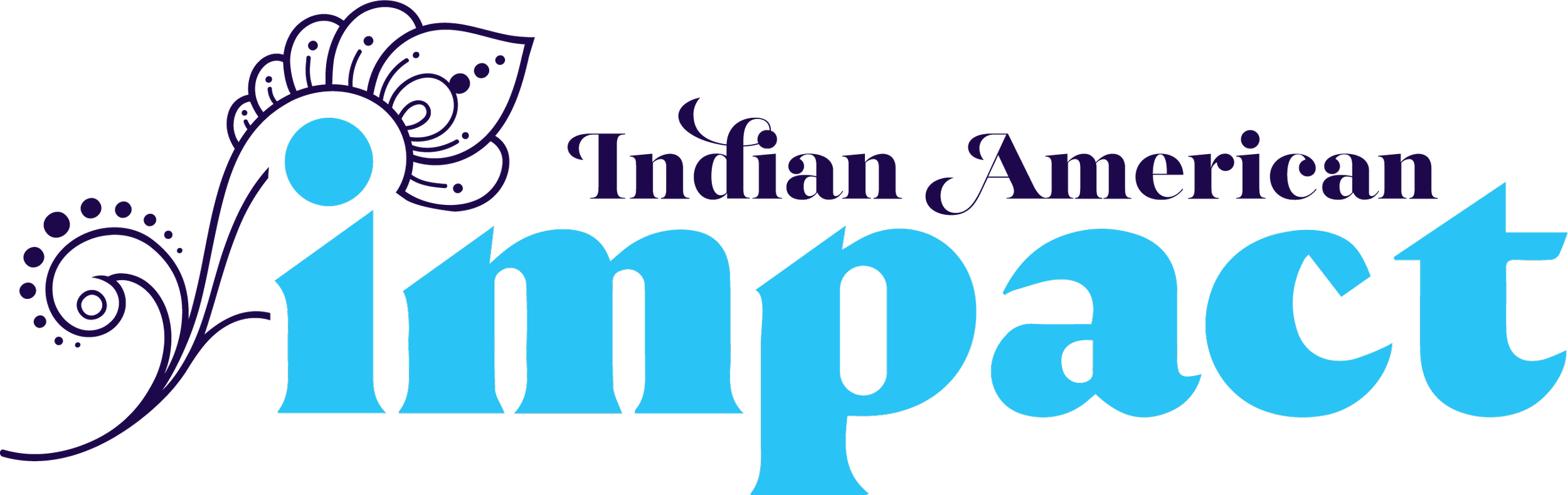 Logo for Indian American Impact featuring the words Impact in large blue font with purple decorative design and Indian American Impact in smaller purple font.