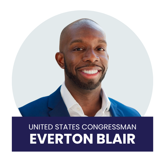 A professional headshot of a smiling African American man in a blue suit and white shirt, identified as Everett Blair, a United States Congressman.