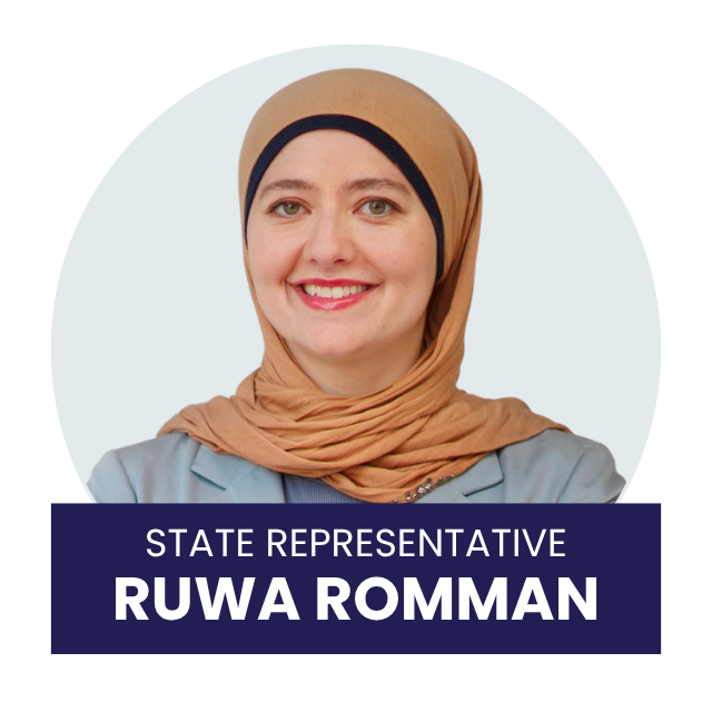 Portrait of Ruwa Romman, a woman wearing a beige hijab and a light blue blazer, smiling, with a text banner that reads "State Representative Ruwa Romman".