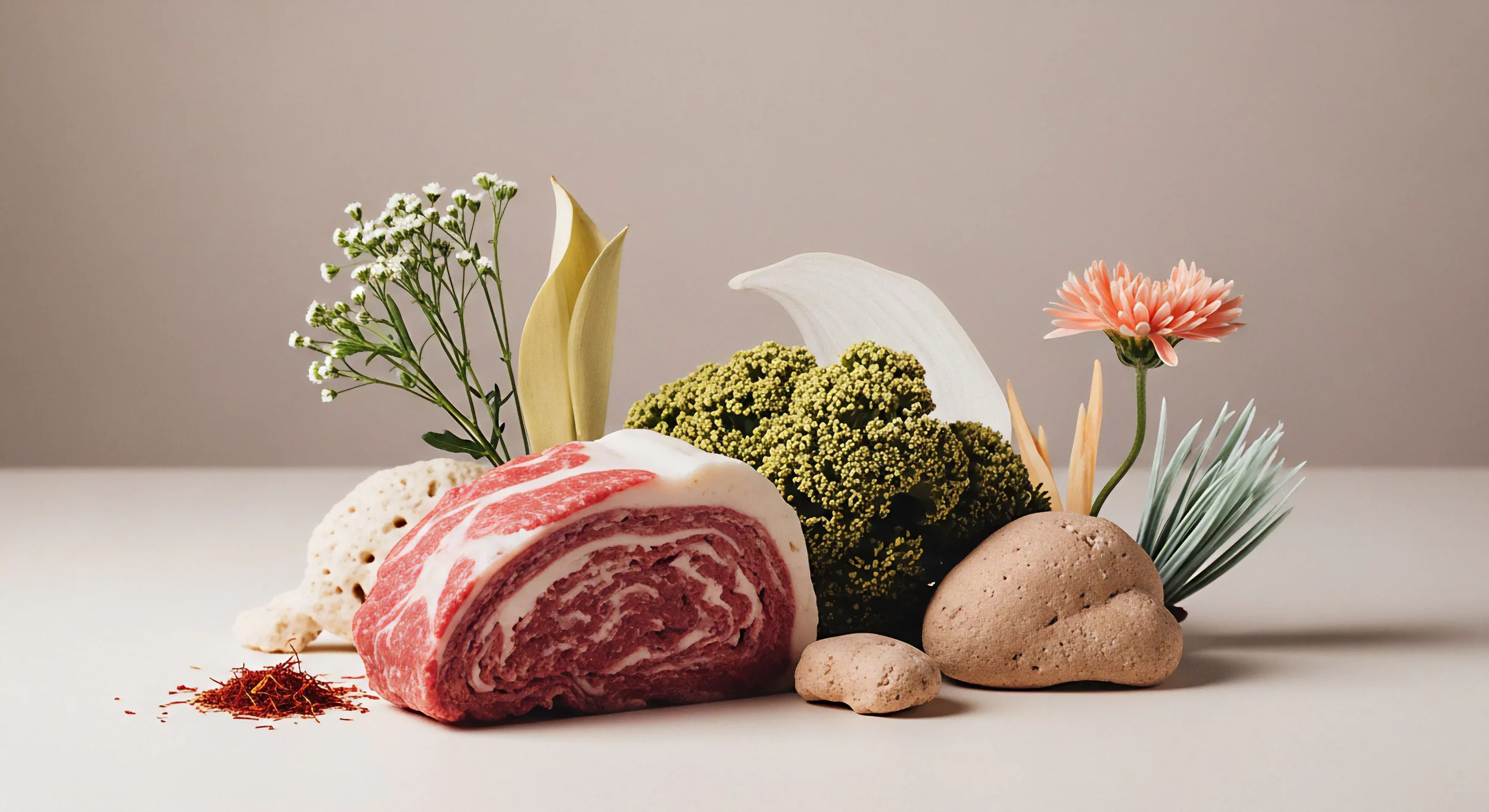 A raw rolled meat surrounded by rocks, flowers, and herbs, with spices spilled nearby.