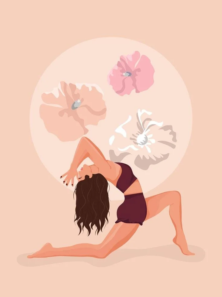 A woman practicing yoga in a lunge position, with long wavy hair, wearing a dark sports bra and shorts, and surrounded by a circle of three large, soft-colored flowers.