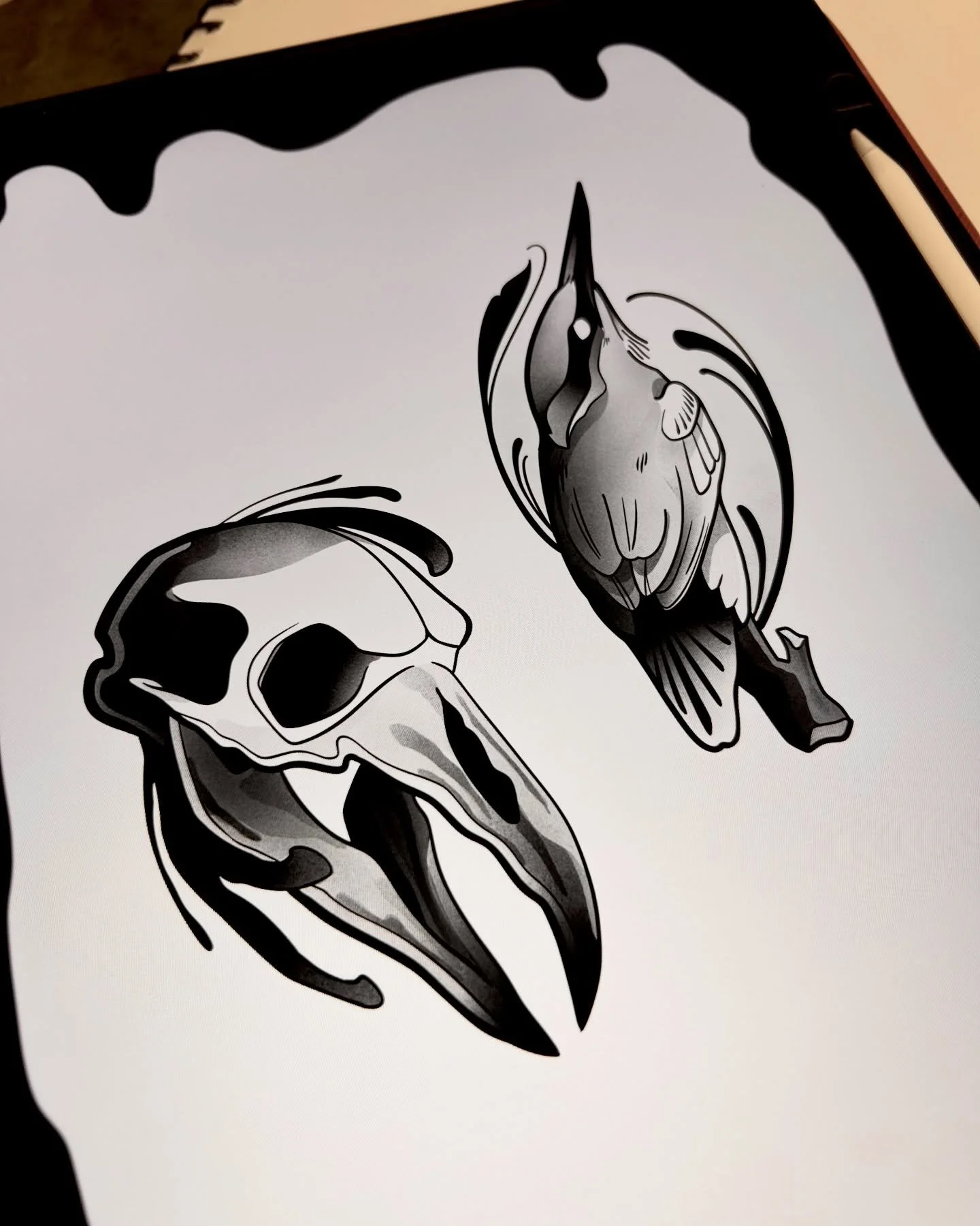 Felt like these two designs fit together. They&rsquo;re both available to be tattooed currently!

DM me know if you&rsquo;re interested, or want anything custom!

#skulldesign #tattoodesings #birdtattoodesign