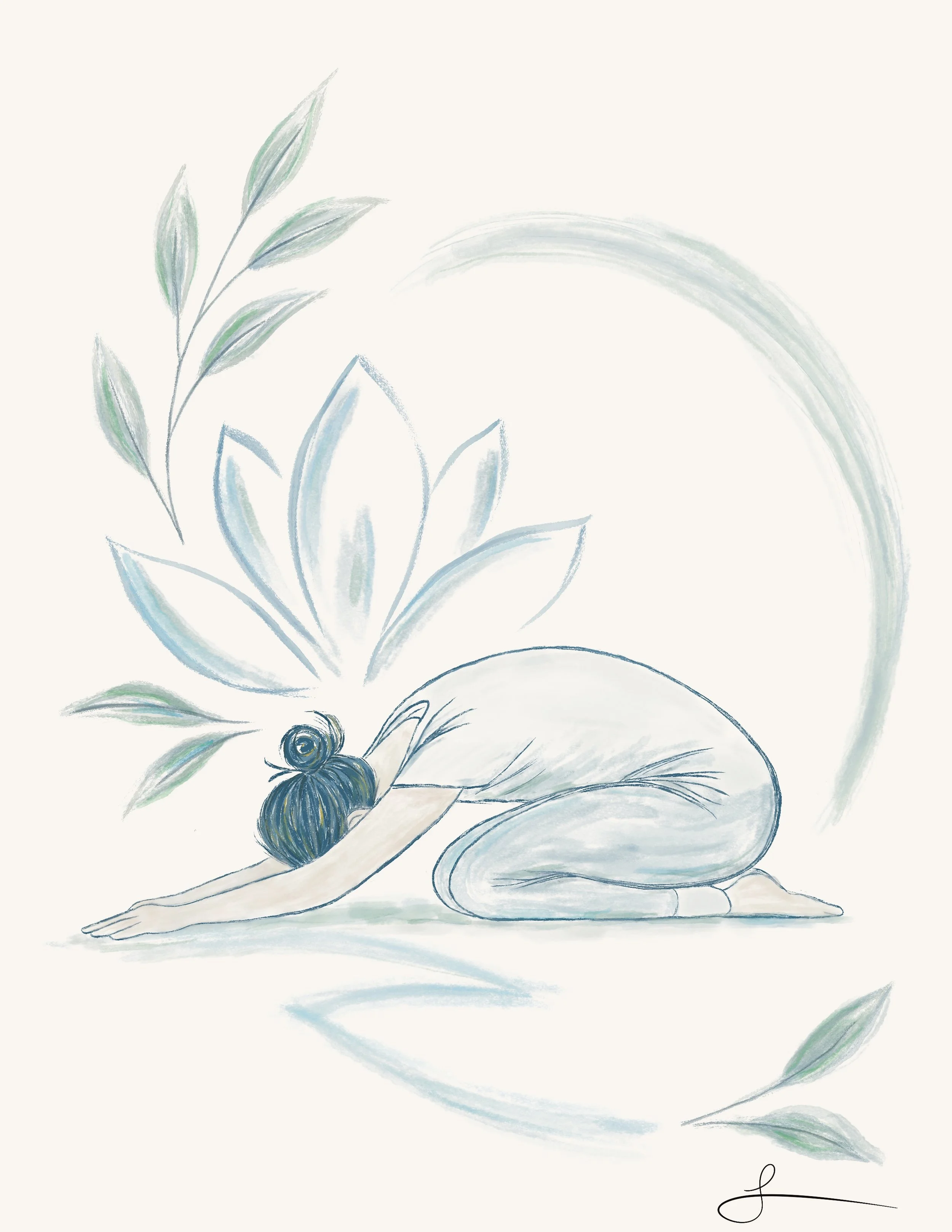 Hand drawn lotus flower with restorative child's yin yoga pose in soft sage and blue tones