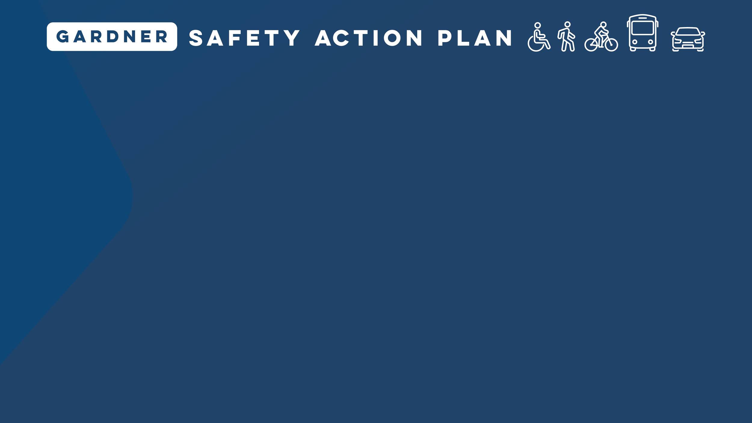 Blue background with a white rectangular label that says "GARDNER" and the words "SAFETY ACTION PLAN" to the right of it. Top right corner has icons of a person in a wheelchair, a person walking, a person biking, a bus, and a car.