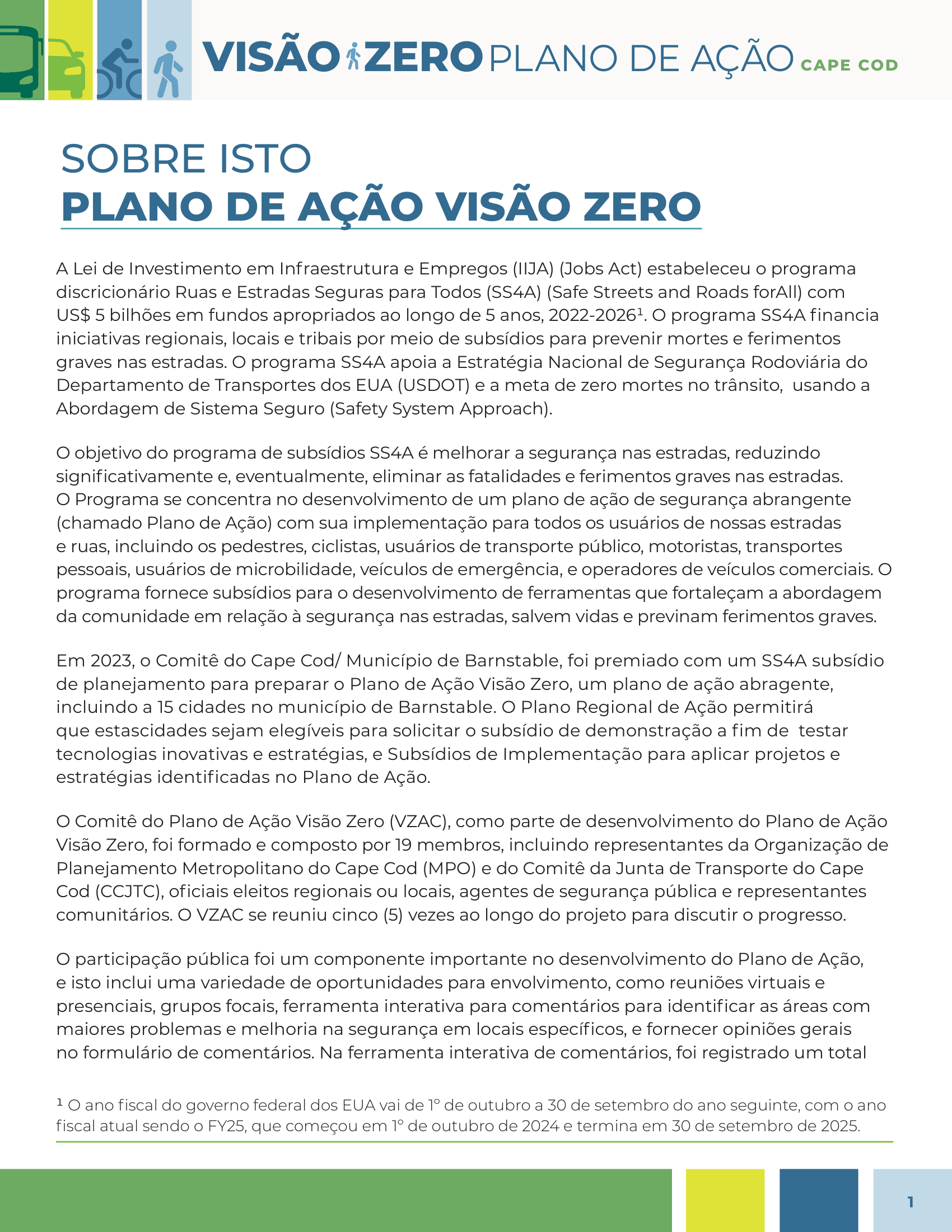 Image showing a document titled 'Visão Zero Plano de Ação' with icons of a car, bicycle, pedestrian, and motorcycle at the top. The text discusses a transportation safety program in Cape Cod, focusing on infrastructure investments, safety initiatives