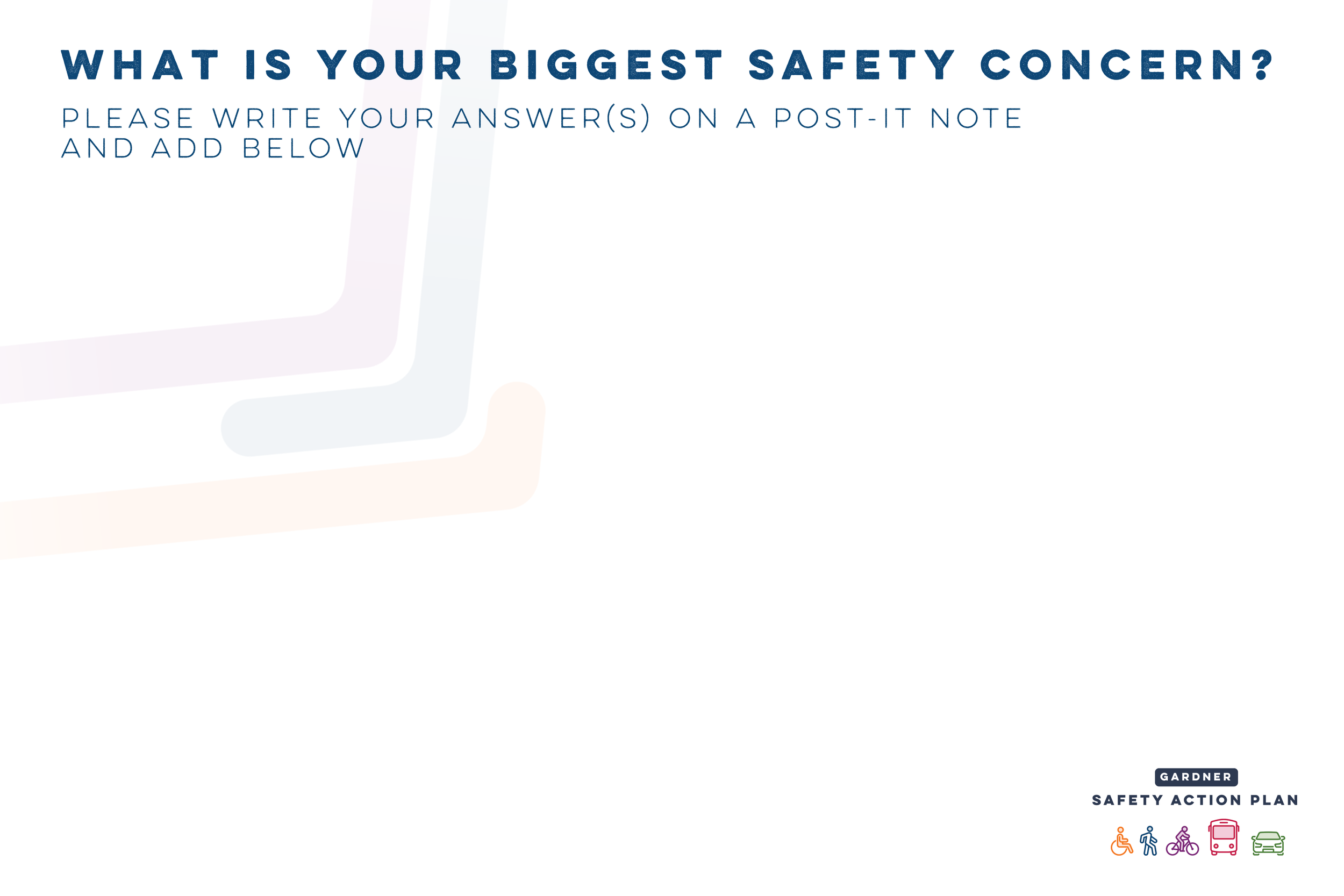A safety action plan poster asking viewers about their biggest safety concern with space to write answers. The poster features colorful icons of people with disabilities, walking, cycling, taking the bus, and driving at the bottom right corner.
