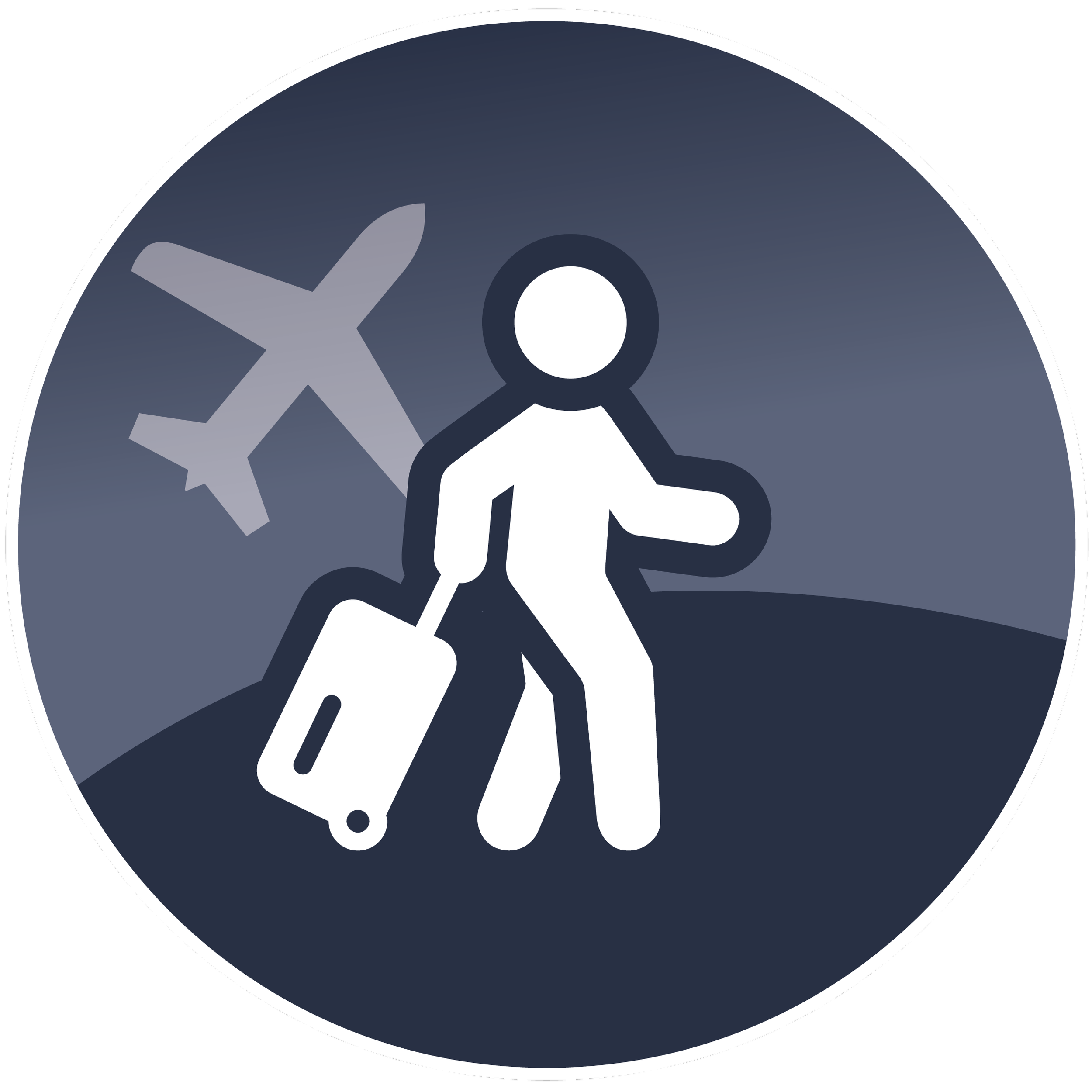 A dark gray circle with a white border, featuring a stylized gray airplane, a white magnifying glass, and a white silhouette of a person in a suit. The airplane is on the left, the magnifying glass in the middle, and the person silhouette on the righ
