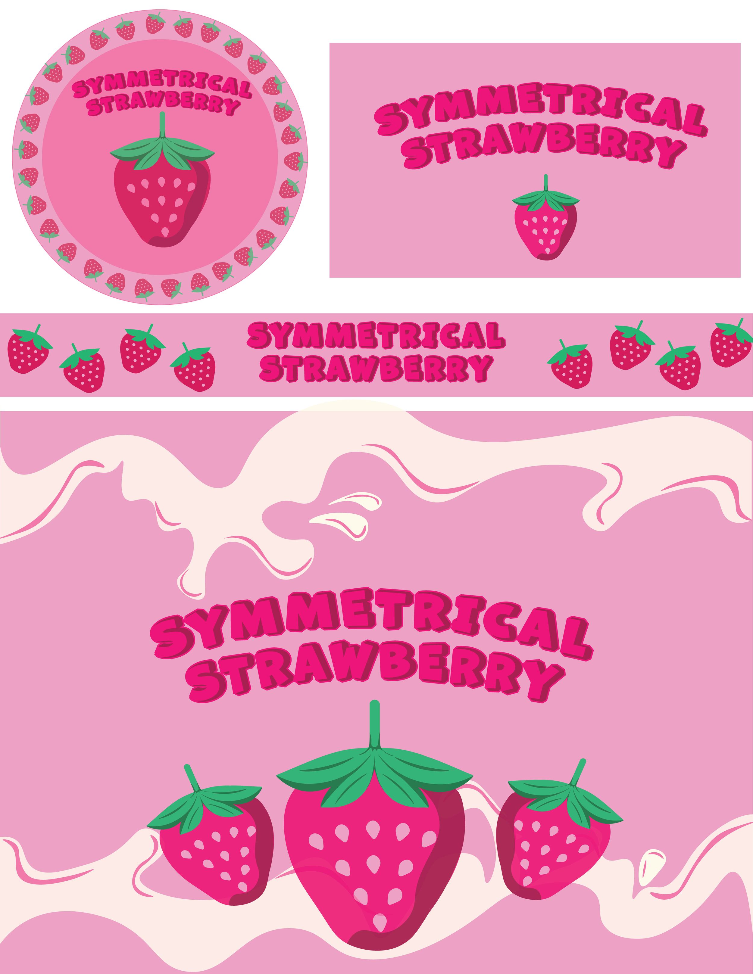 Bright pink packaging with illustrations of strawberries and the text 'Symmetrical Strawberry' in bold 3D pink letters.