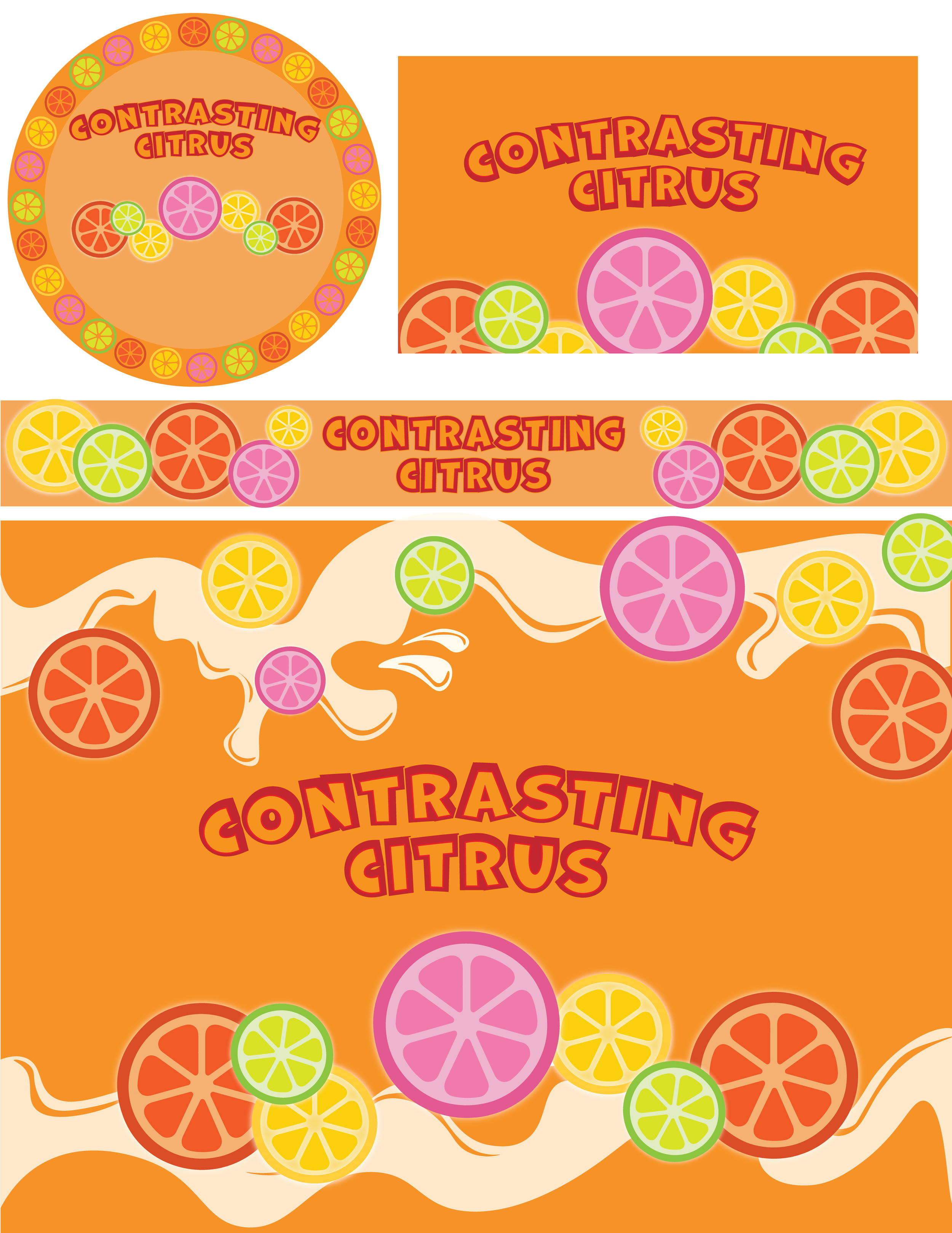 Design featuring slices of citrus fruits including oranges, lemons, limes, and grapefruits, with the text 'Contrasting Citrus' in bold red letters. The design has an orange background with fruit arrangements and decorative elements.
