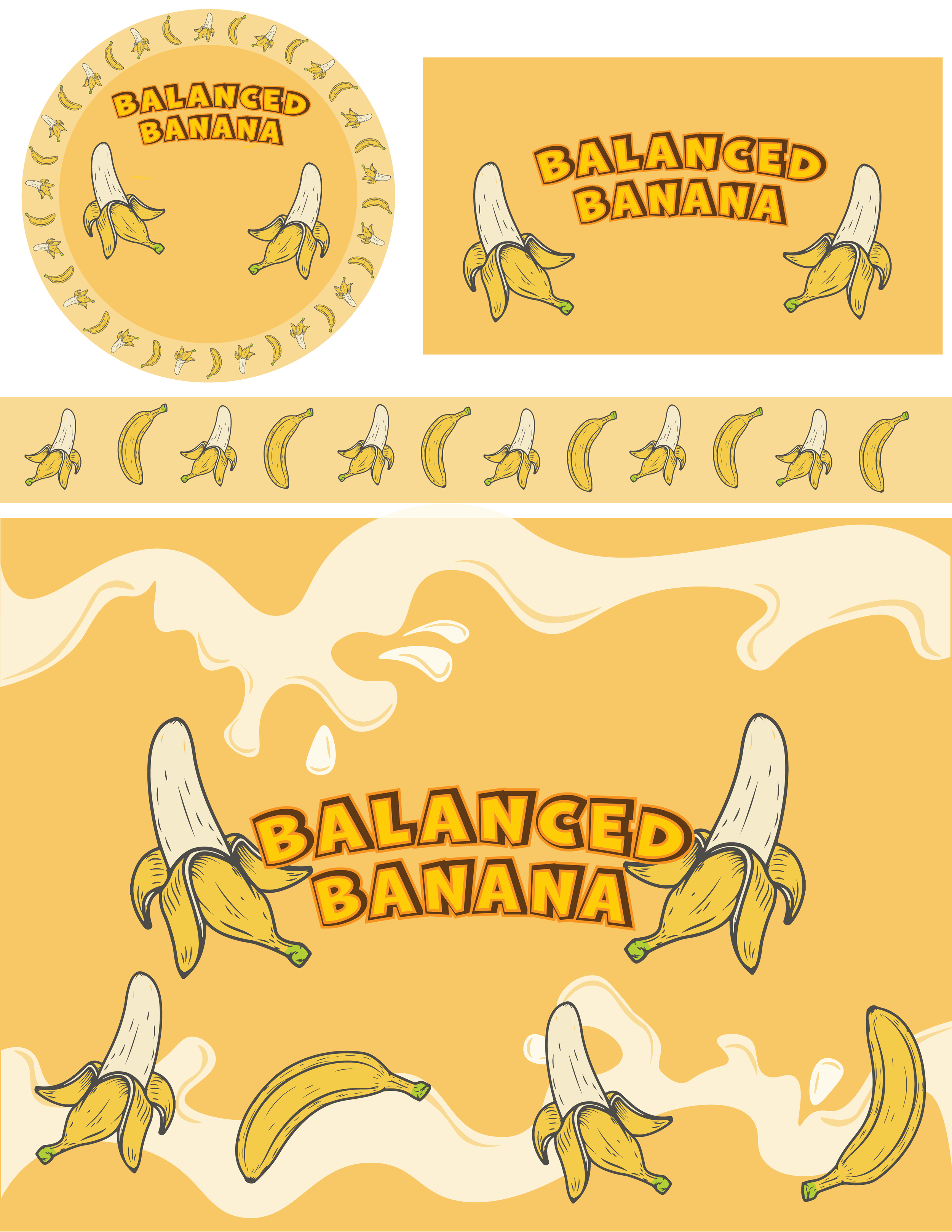 A colorful cartoon-style illustration with bananas and the text 'Balanced Banana' in bold orange letters. The design includes banana peel illustrations and a yellow background with a playful, energetic feel.
