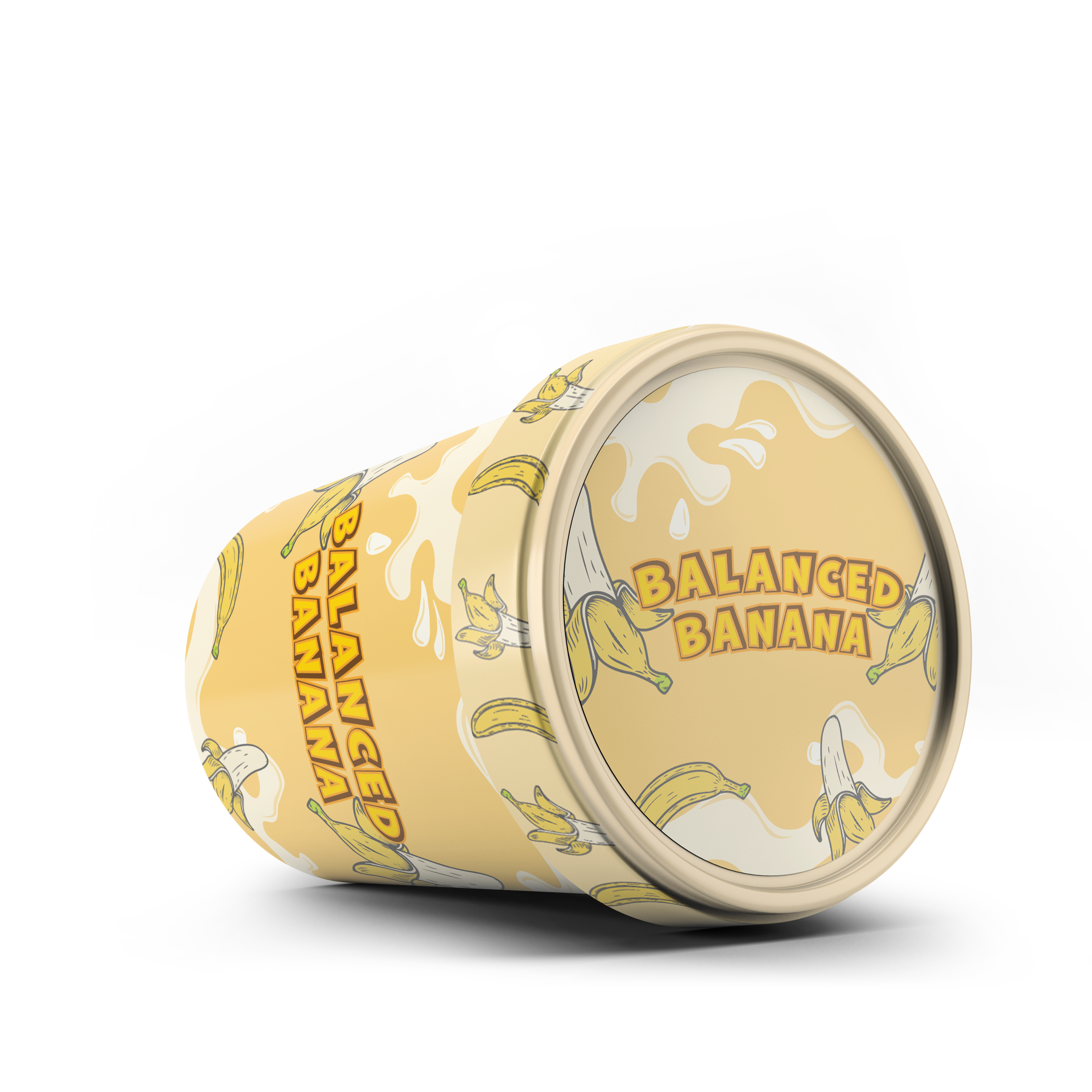 A can of banana flavored balanced milk with banana illustrations and bright yellow and beige colors.
